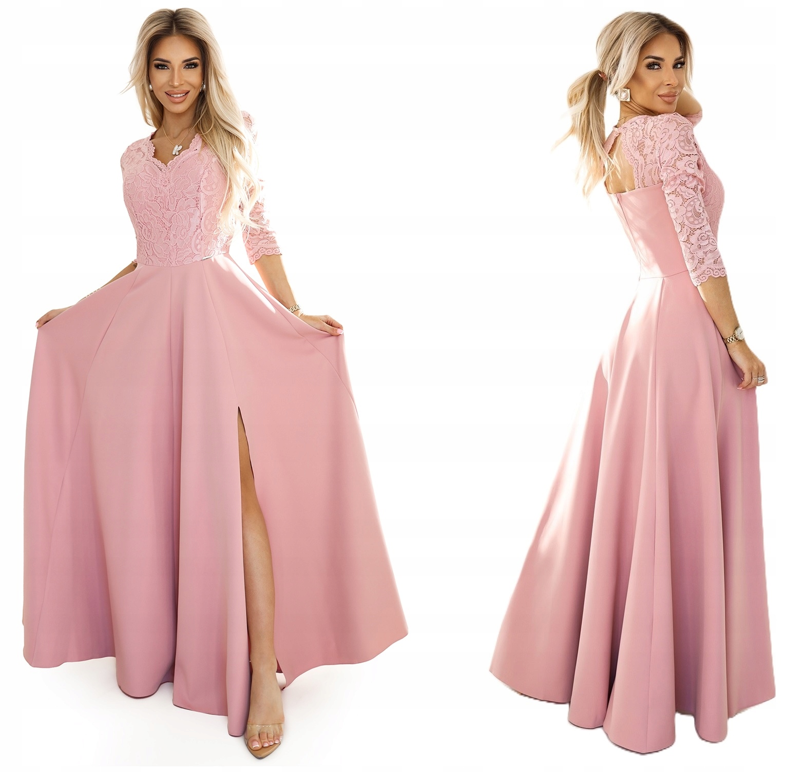 Elegantní Dlouhé Šaty S Krajkovým Výstřihem Na Ples Pudrová Růžová XL