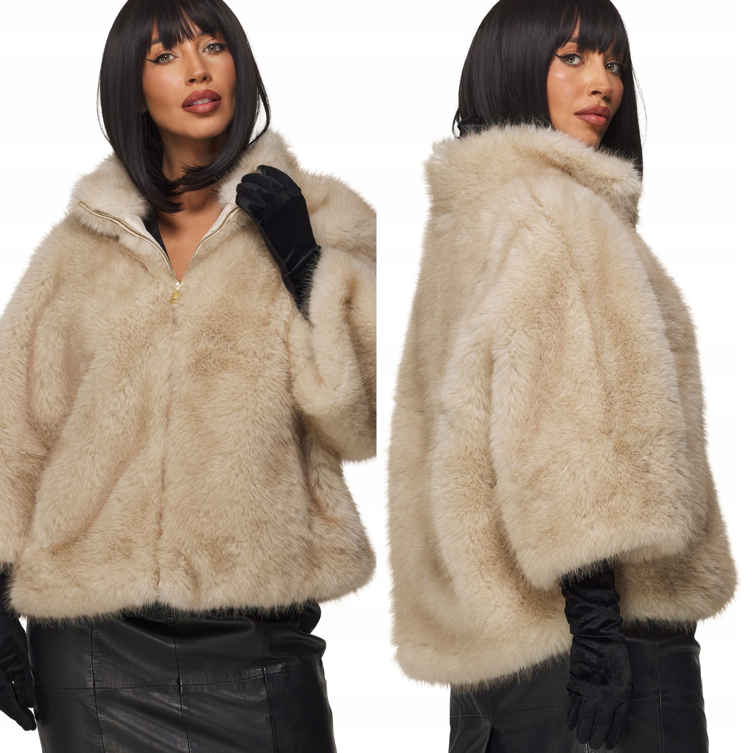Dámská zimní bunda silná s kožešinou kožíšek bolerko pončo béžová světle béžová