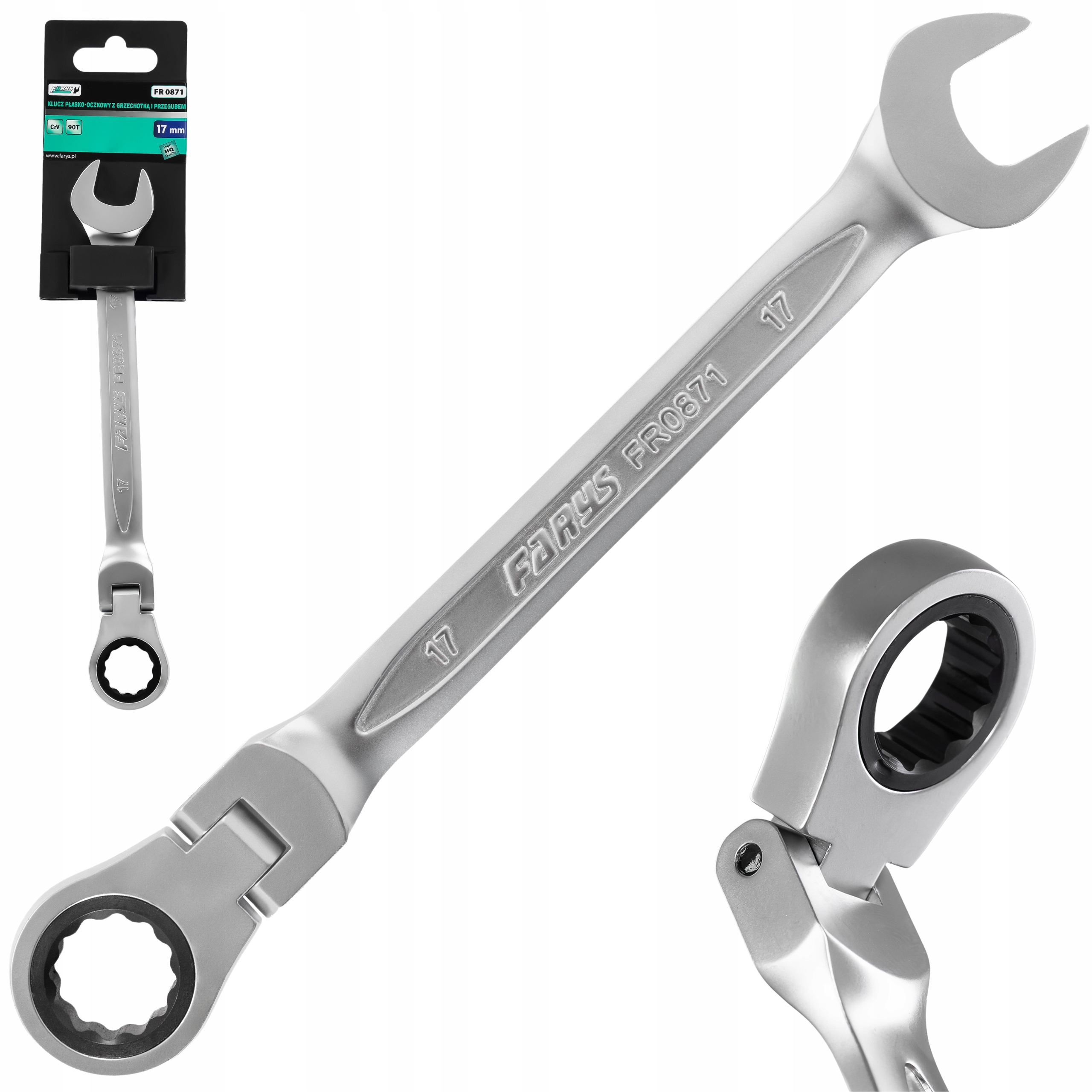 Klucz Płasko-oczkowy 17 MM Z Grzechotką 90 Zębów Przegub Crv Pro Farys
