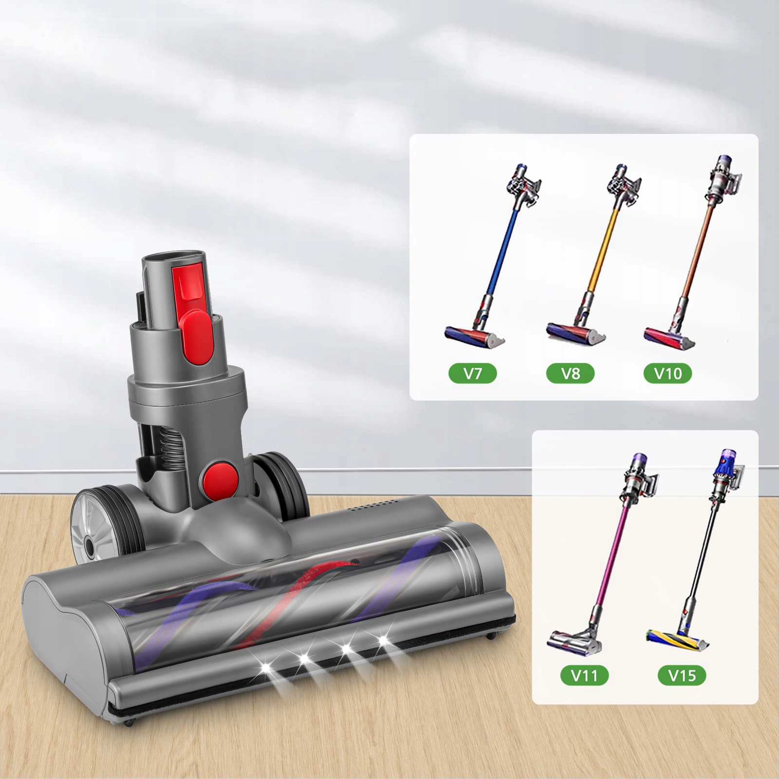 SZCZOTKA KOMPATYBILNA Z DYSON V7 V8 V10 V11 V15 SZCZOTEK Z 4 DIODAMI LED Kolor dominujący srebrny/szary