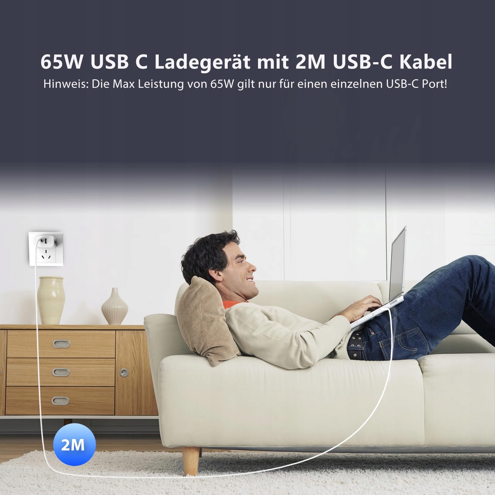 QACKENM Ładowarka USB C 65W GaN Szybkie Ładowanie 2-Porty Kabel 2M — miniatura 6