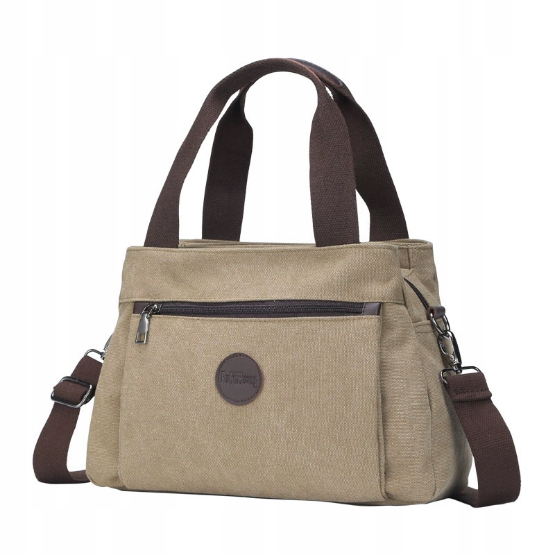 Torba Damska Khaki Płócienna Na Ramię Wielokomorowa Pojemna Crossbody