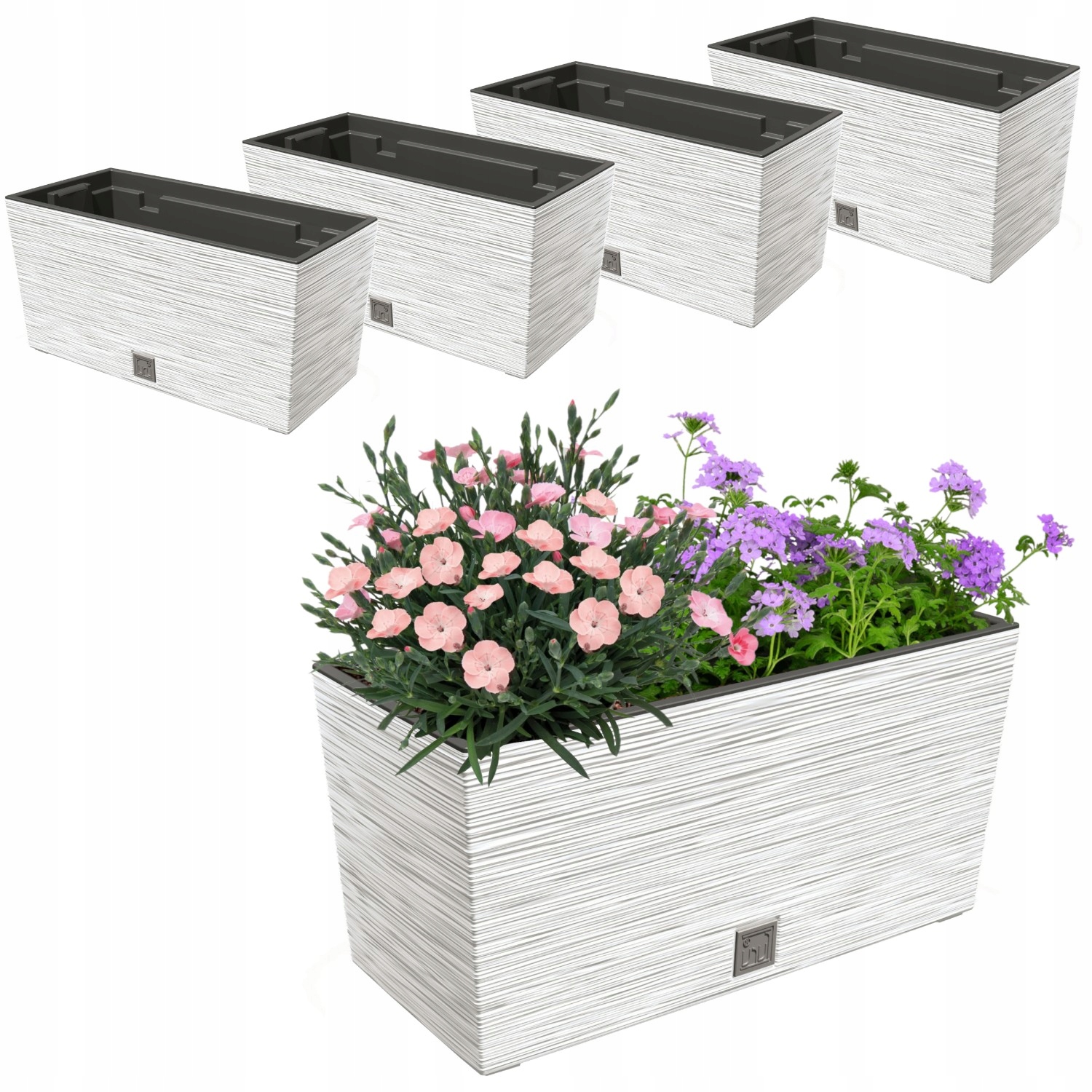 4x kvetináč 12L balkónová skrinka 39,5 x 19,5 cm biela priestranná vložka 8L
