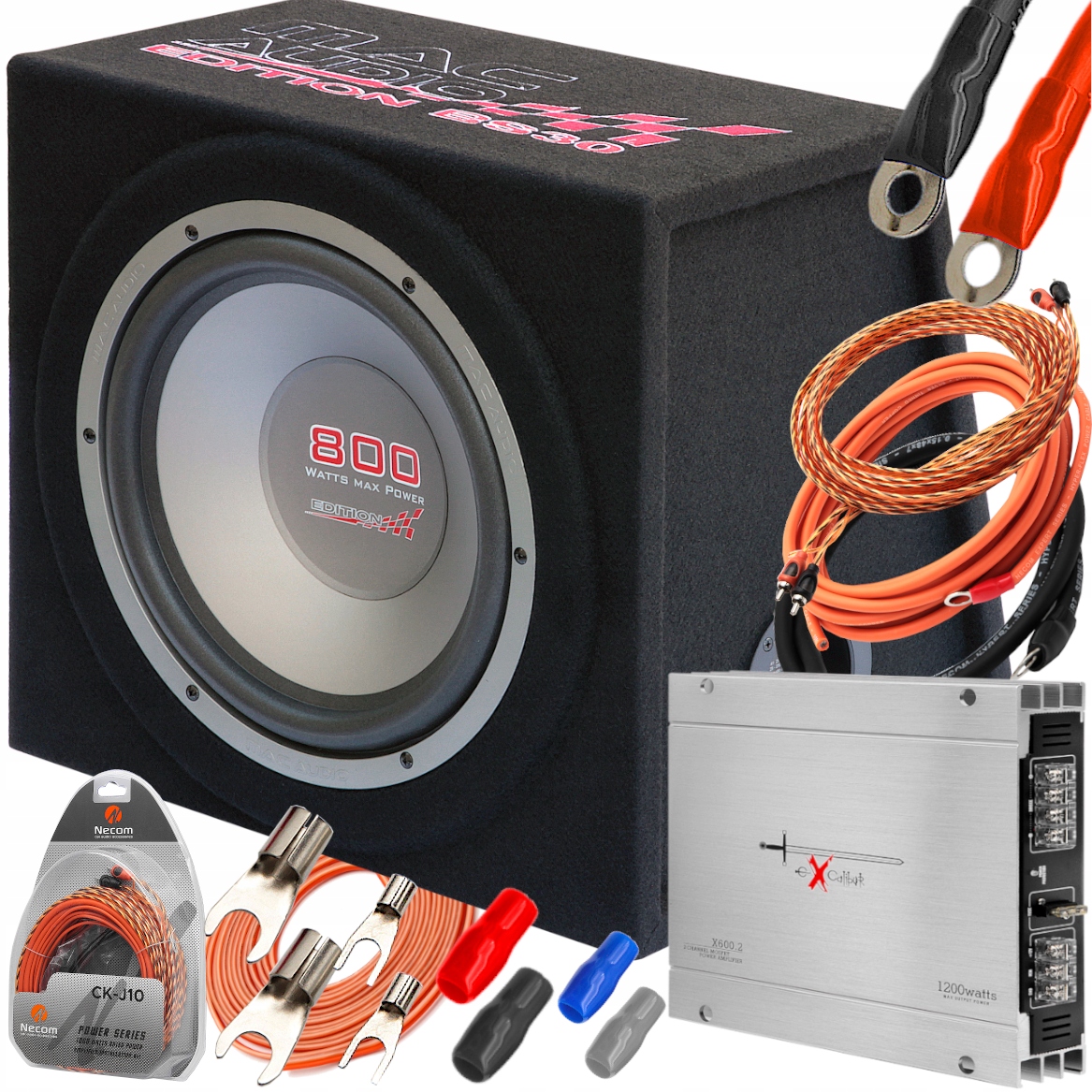SKRZYNIA BASOWA TUBA MAC AUDIO 800W + WZMACNIACZ KABLE PRZEWODY AKTYWNA
