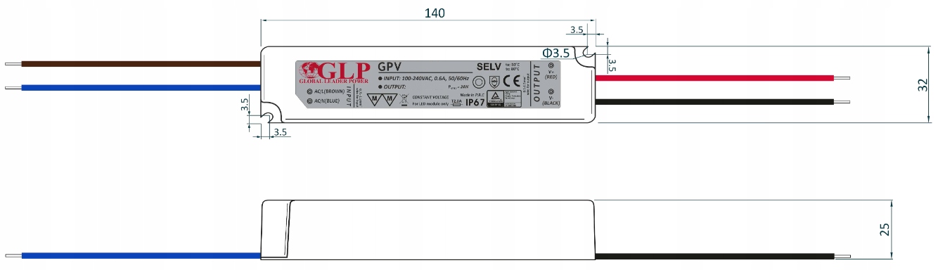 SOLIDNY WODOSZCZELNY zasilacz 12V 36W 3A do taśm LED IP67 GPV-35-12E GLP EAN (GTIN) 6927084392071