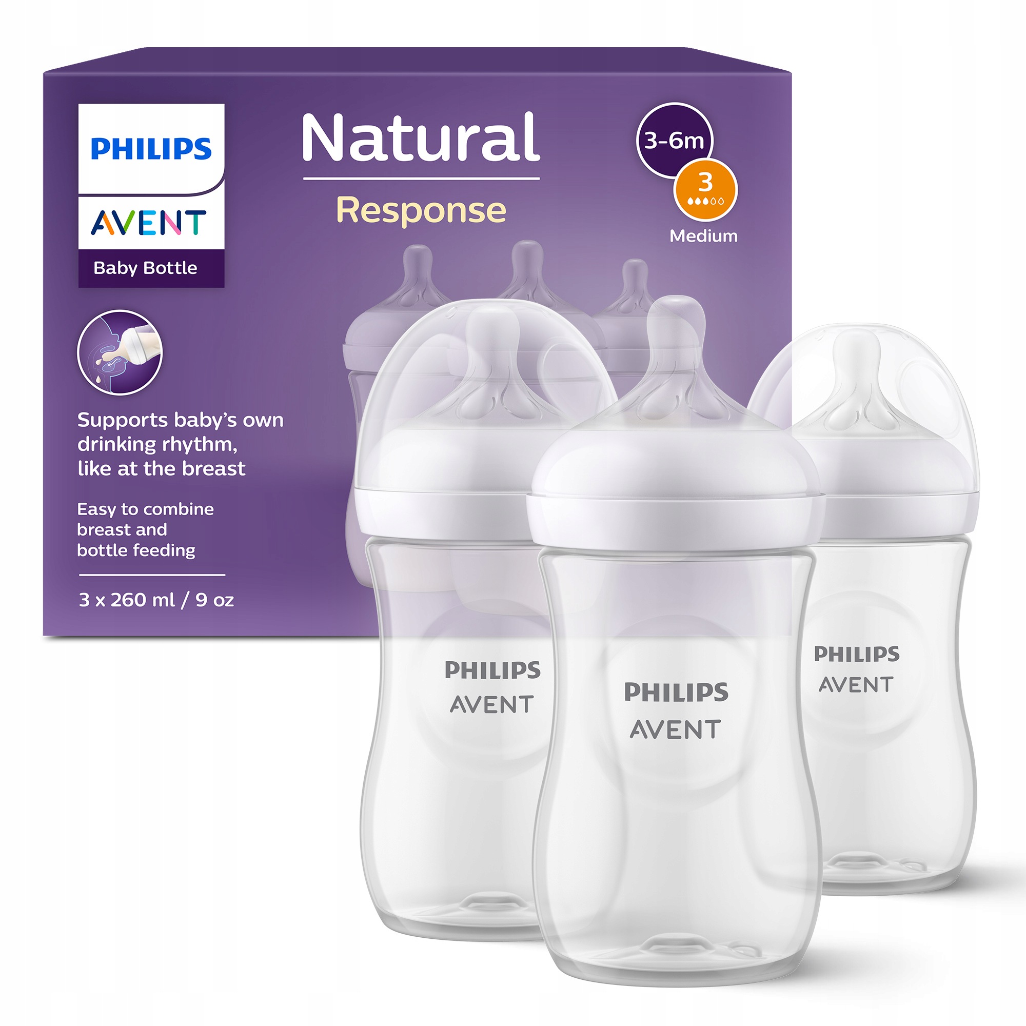Philips Avent Butelka Natural Response 260ml 3-6m 3 szt SCY903/03 x6