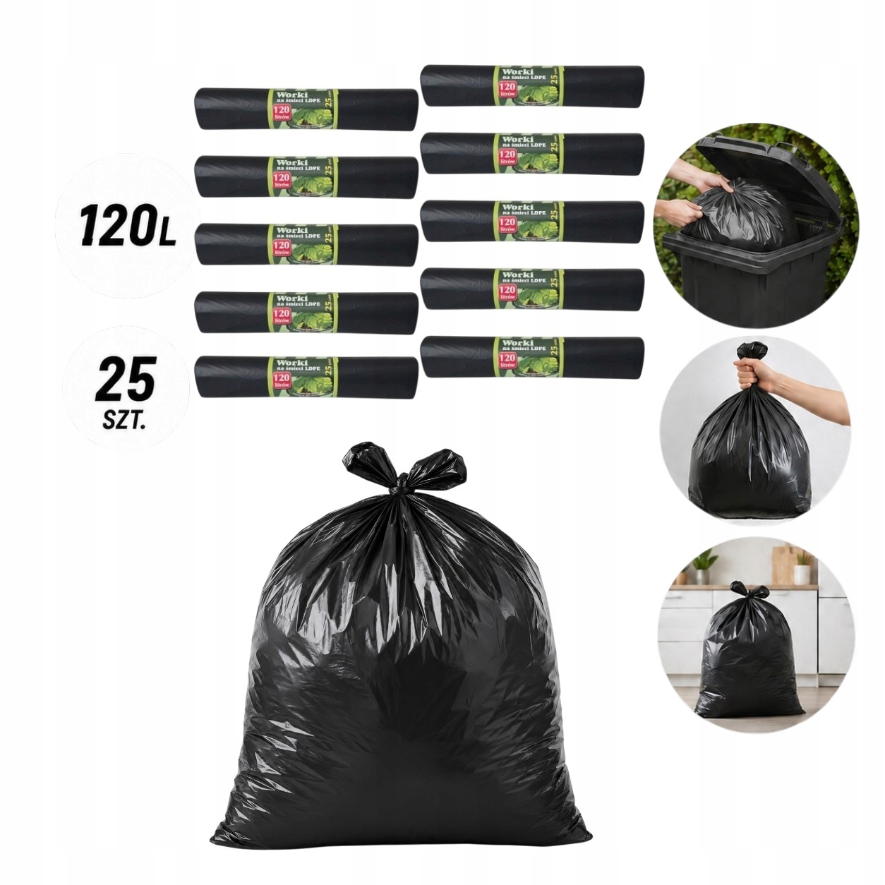 Sáčky na odpadky Ldpe 120L silné, odolné, eko černé, sada 10 x 25 ks