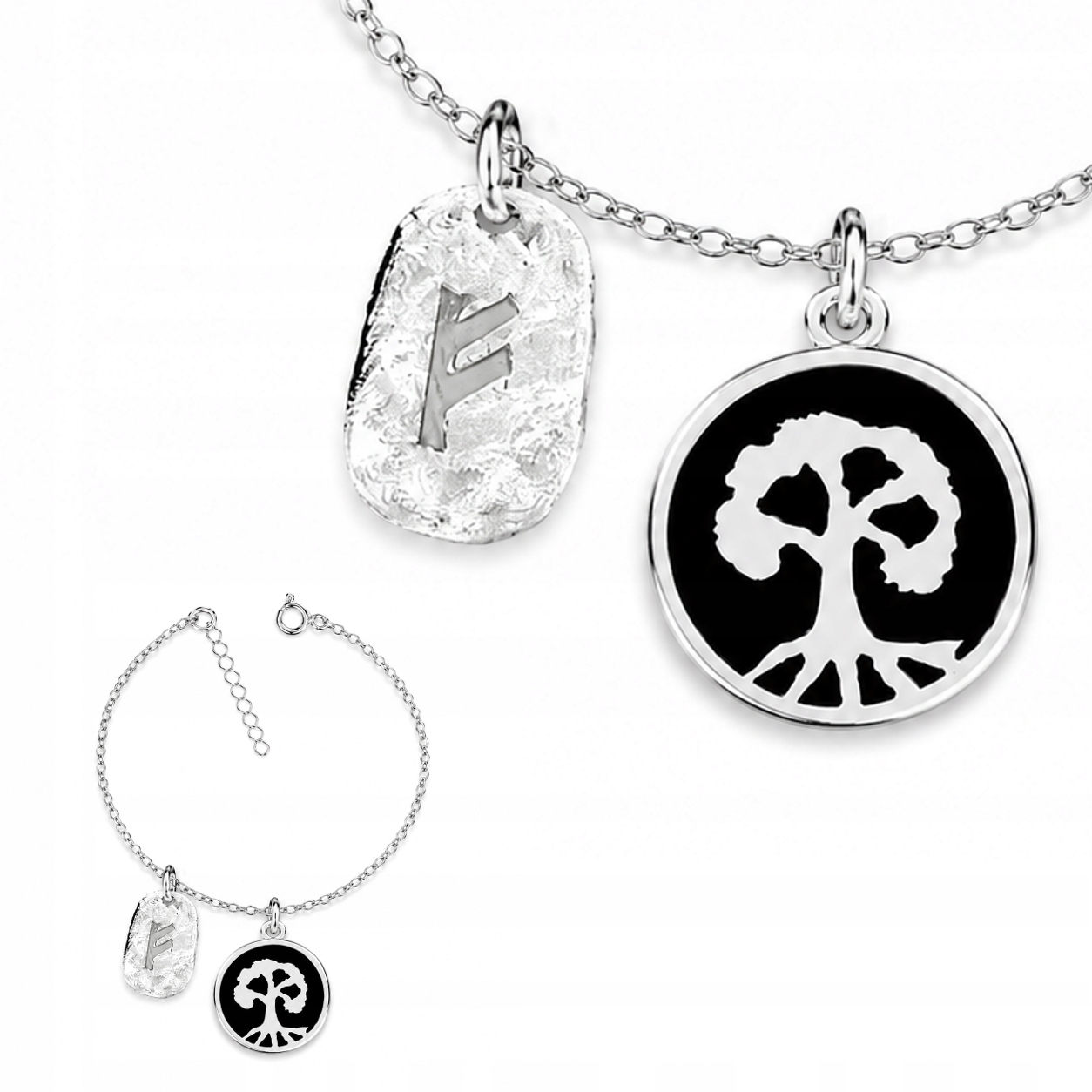 Dřevo Yggdrasil A Runa Fehu Stříbrný náramek rolo oval stříbro 925