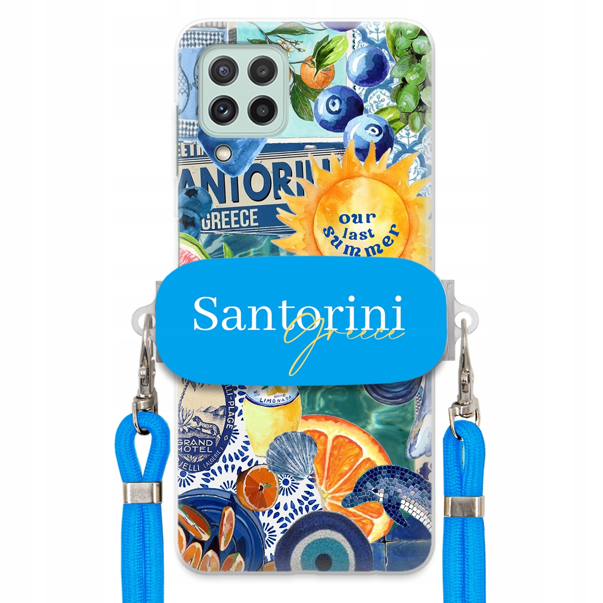 Puzdro pre Samsung A22 4G Modré Crossbody vodítko držiak Santorini Greece