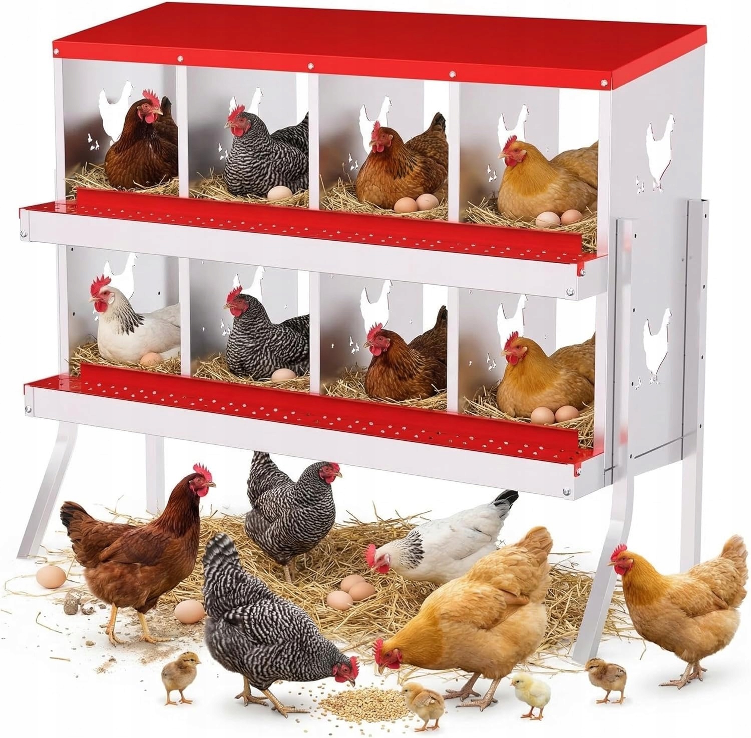 Kurník, budka pro líhnutí, 8 přihrádek, červená – 2 úrovně s kovovou základnou