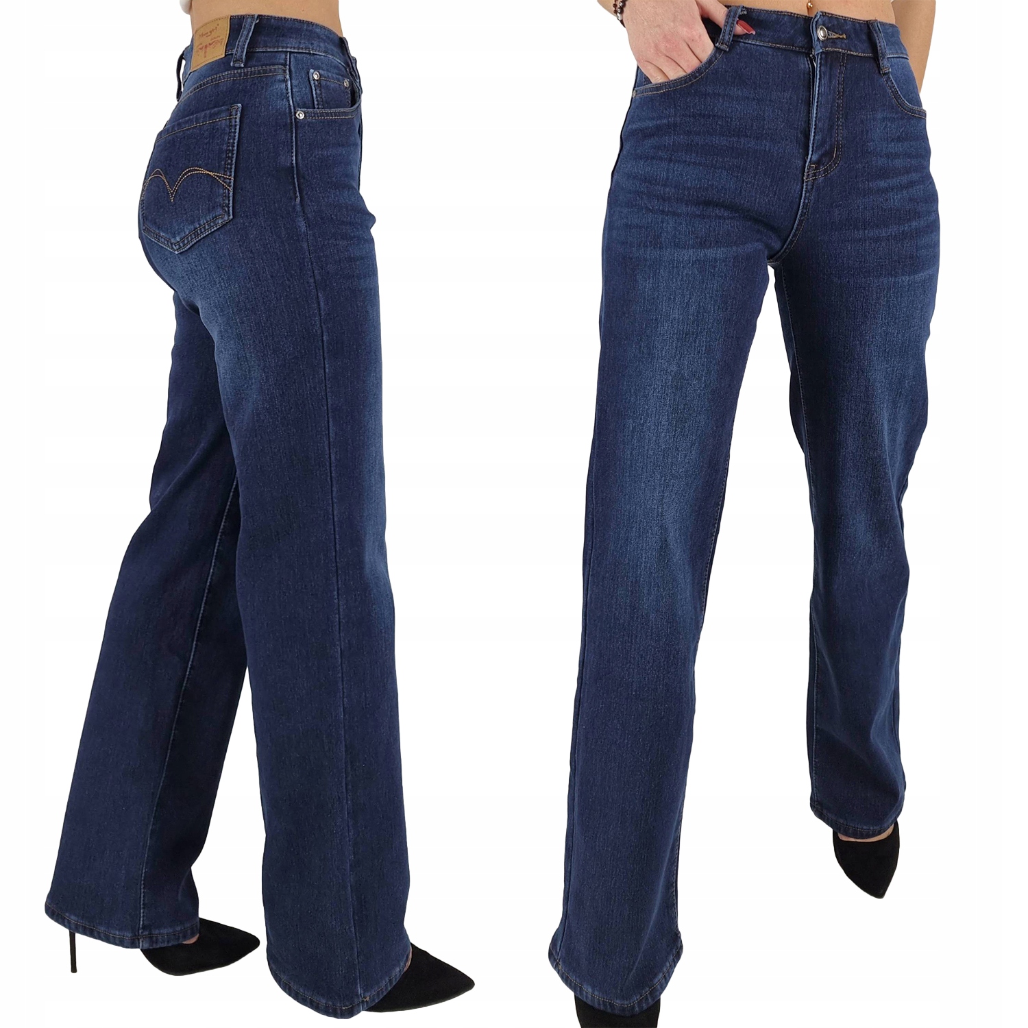 Wide Leg Spodnie Jeansowe Jeansy Wysoki Stan Ocieplane Futerko