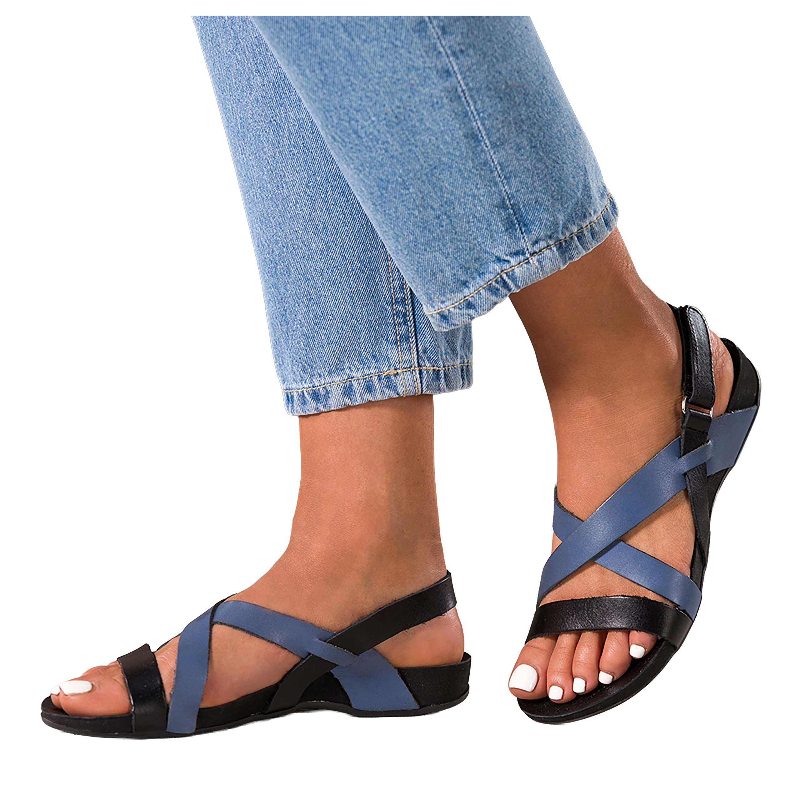 Černé dámské kožené Sandály Ploché Na Suchý Zip Pásky Na Kříž Pohodlné vel. 38