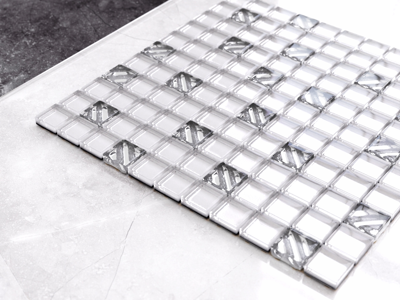 MOZAIKA SZKLANA BIAŁA PERŁA CHROM PASKI 30x30cm Typ mozaika