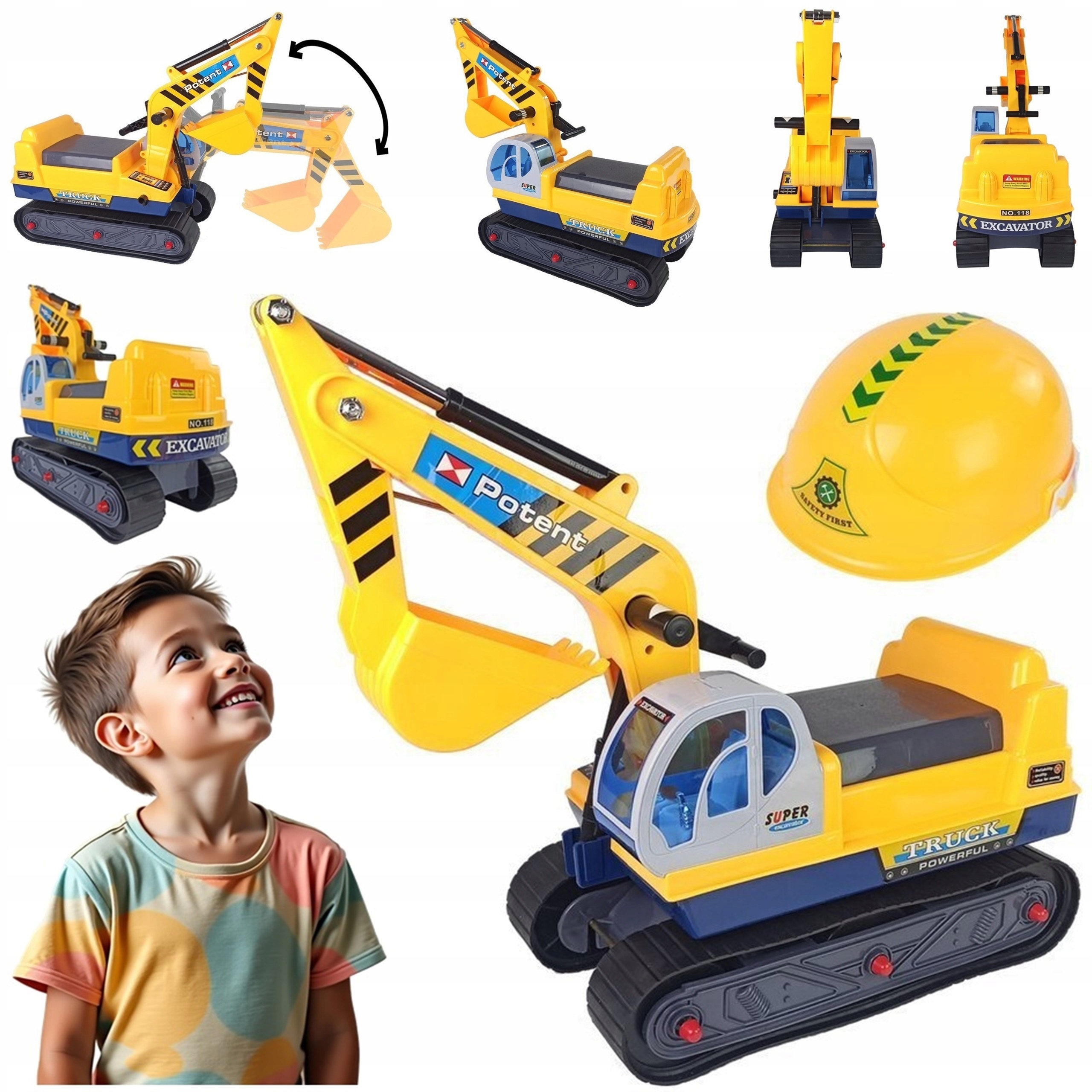 Duża Koparka Jeździk Dla Dzieci Ruchome Ramię Łyżka Budowa Kask Żółty