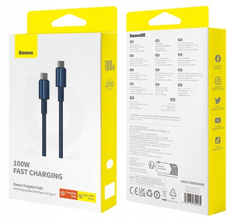 BASEUS MOCNY KABEL USB-C SZYBKIE ŁADOWANIE PRZEWÓD TYP-C PD 100W QC 5A 2M Marka Baseus