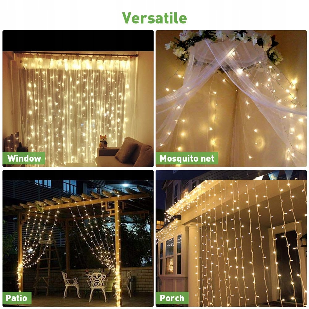 Kurtyna LED 3x3m 300 Ciepłe Białe 8 Trybów USB Wnętrz/Zewnątrz — miniatura 7