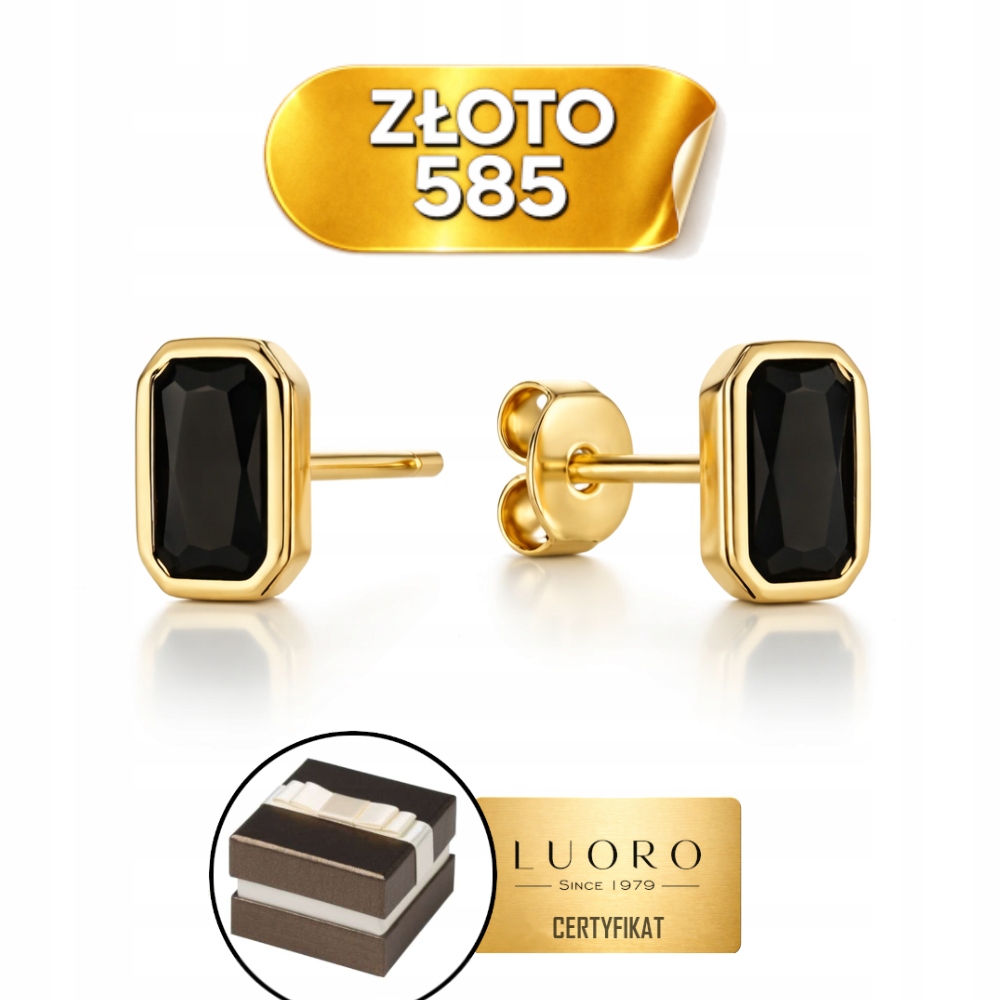 Náušnice Zlaté 585 14K Obdélníkové S Černým Kamenem Tyčinka 0,6 CM