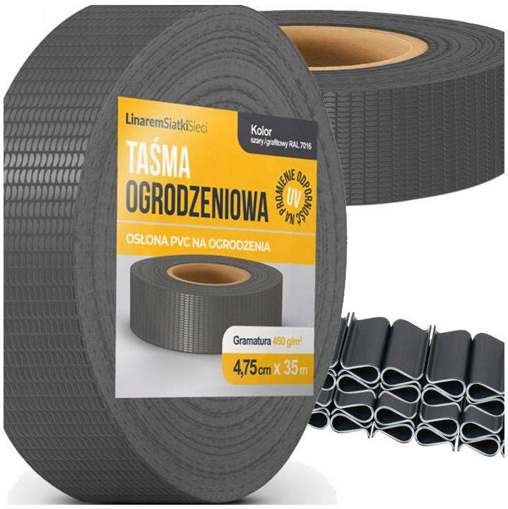 

Taśma Ogrodzeniowa Antracyt Wąska 4,75x35m +klipsy