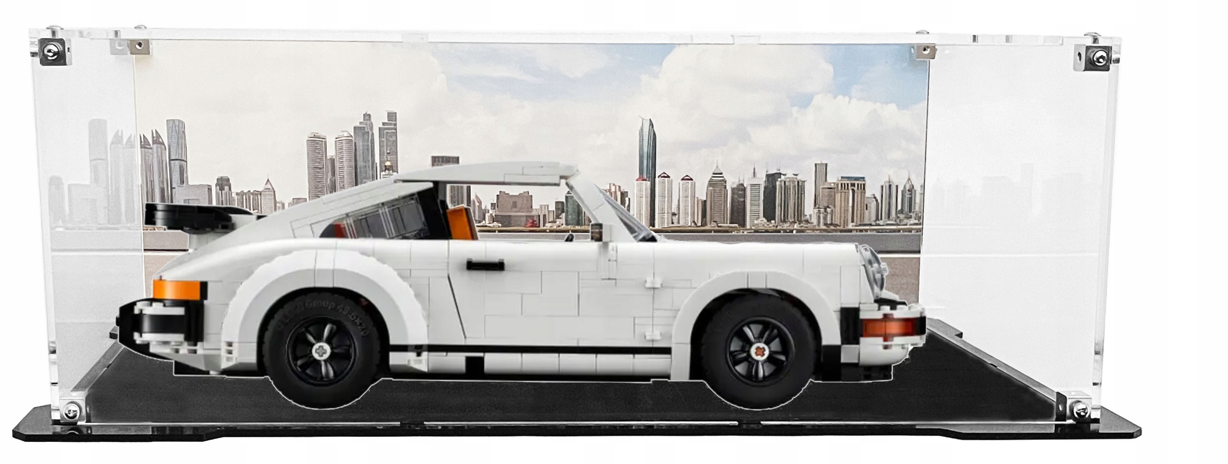 Vitrína s černou základnou a pozadím pro sadu Lego 10295 Porsche 911