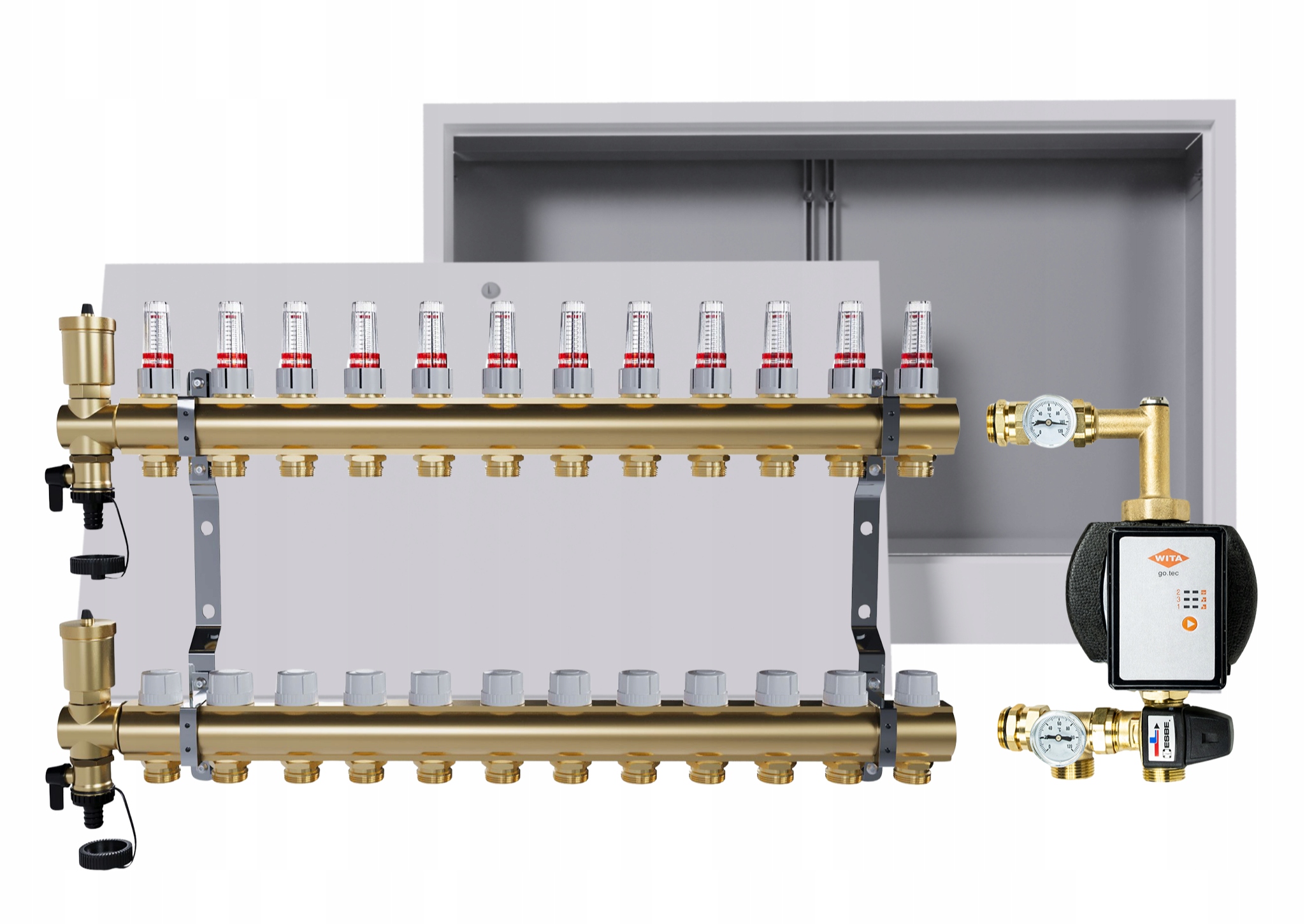 Rozdělovač pro podlahovou krytinu 12 okruhů s Wita skupinou podomítková skříňka