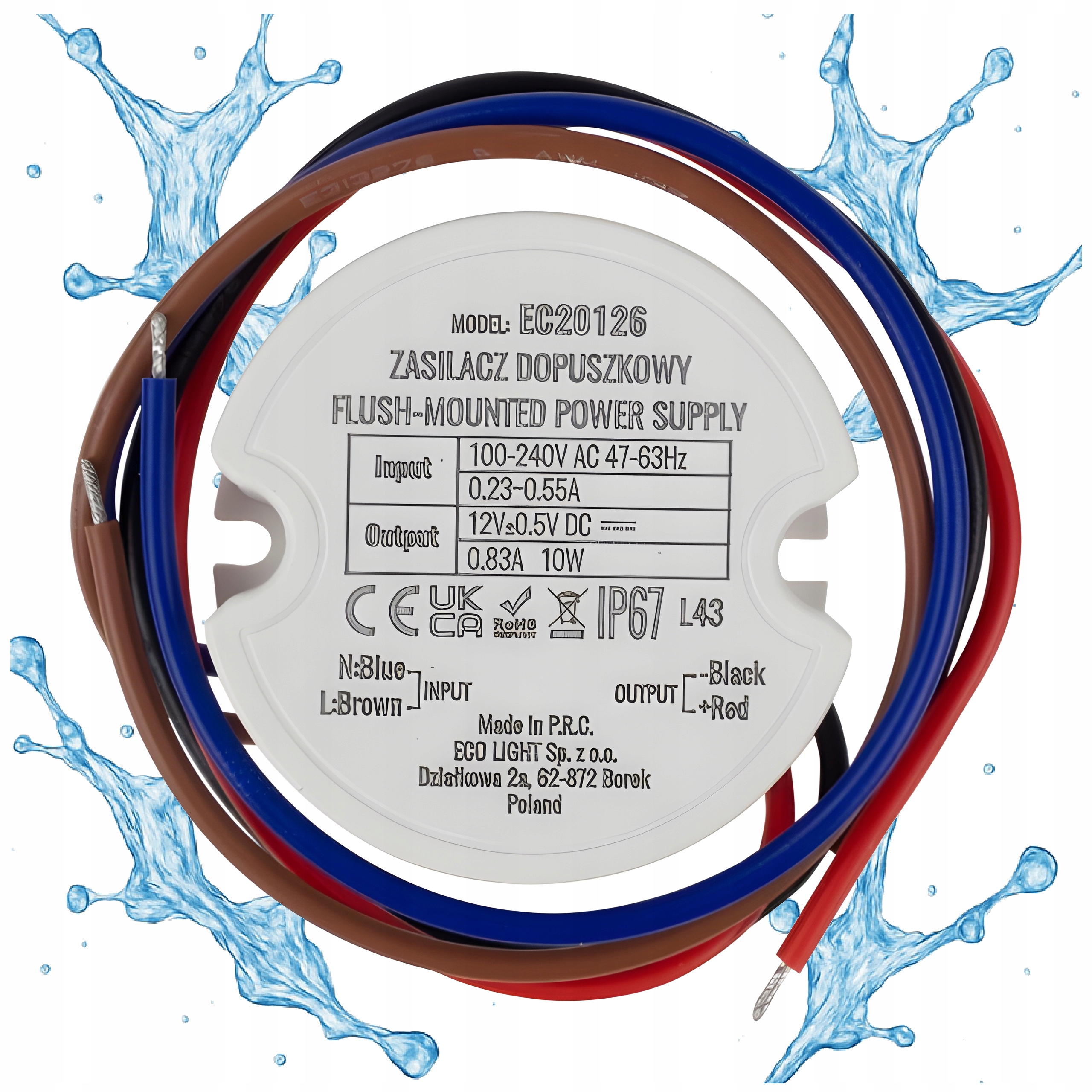 ZASILACZ LED DO PUSZKI FI60 10W 12V IP67 DO TAŚMY LED WODOSZCZENY IP67