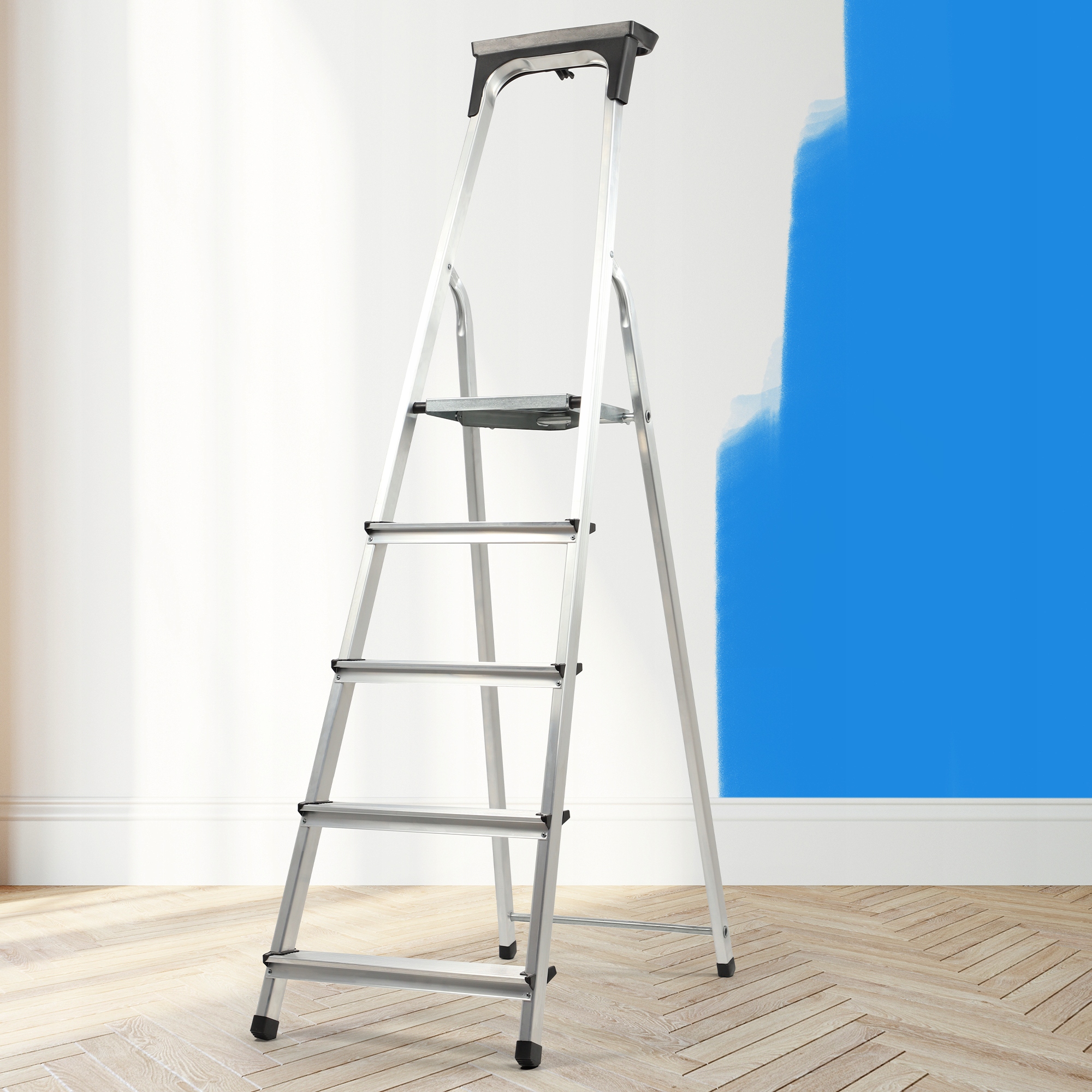 KADAX DRABINA ALUMINIOWA 5 STOPNIOWA SKŁADANA DOMOWA MOCNA PÓŁKA +HAK 125kg Kod producenta K4433