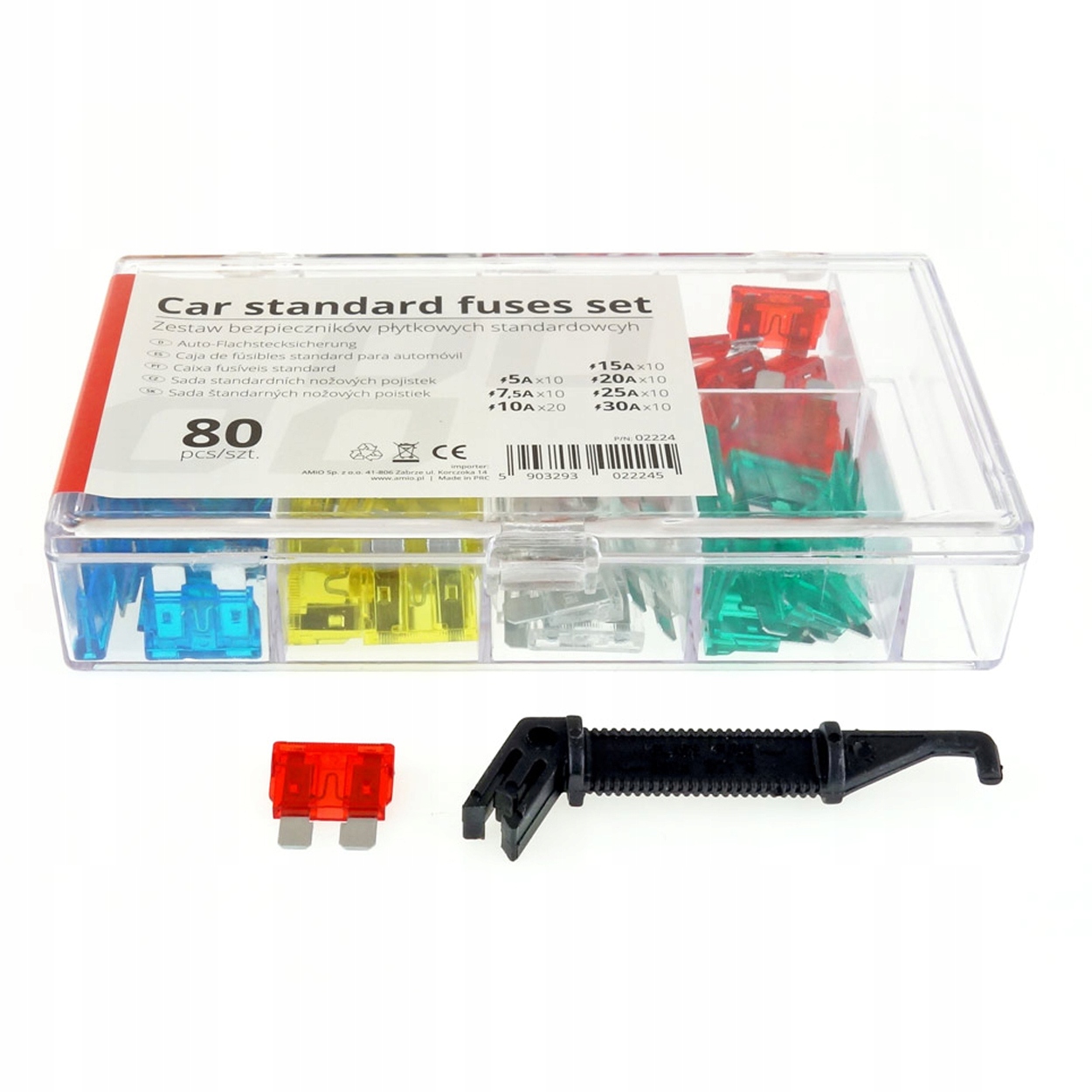 Zestaw Bezpieczników Samochodowych Płytkowych Standard 80 szt. z Chwytakiem Numer katalogowy części 02224