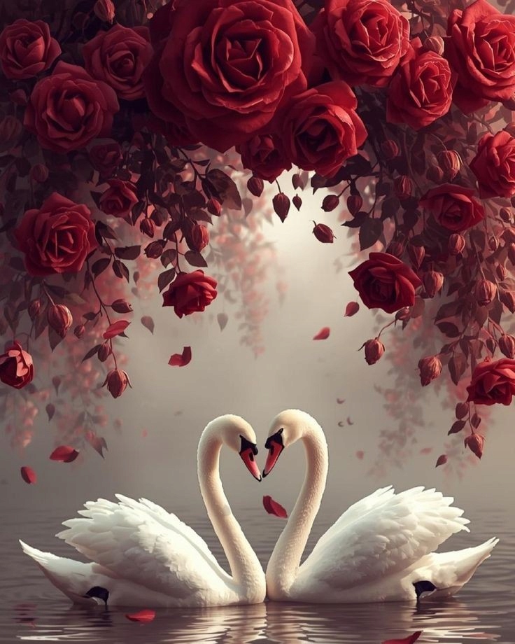 Diamantové malování Labutě Zamilovaní Láska Valentýn Růže Květiny 80x100 cm
