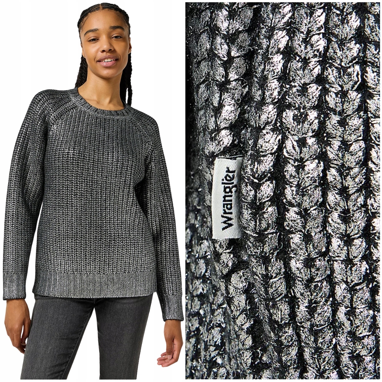 Wrangler Foiled Sweater Silver metalický volný raglánový dámský svetr M