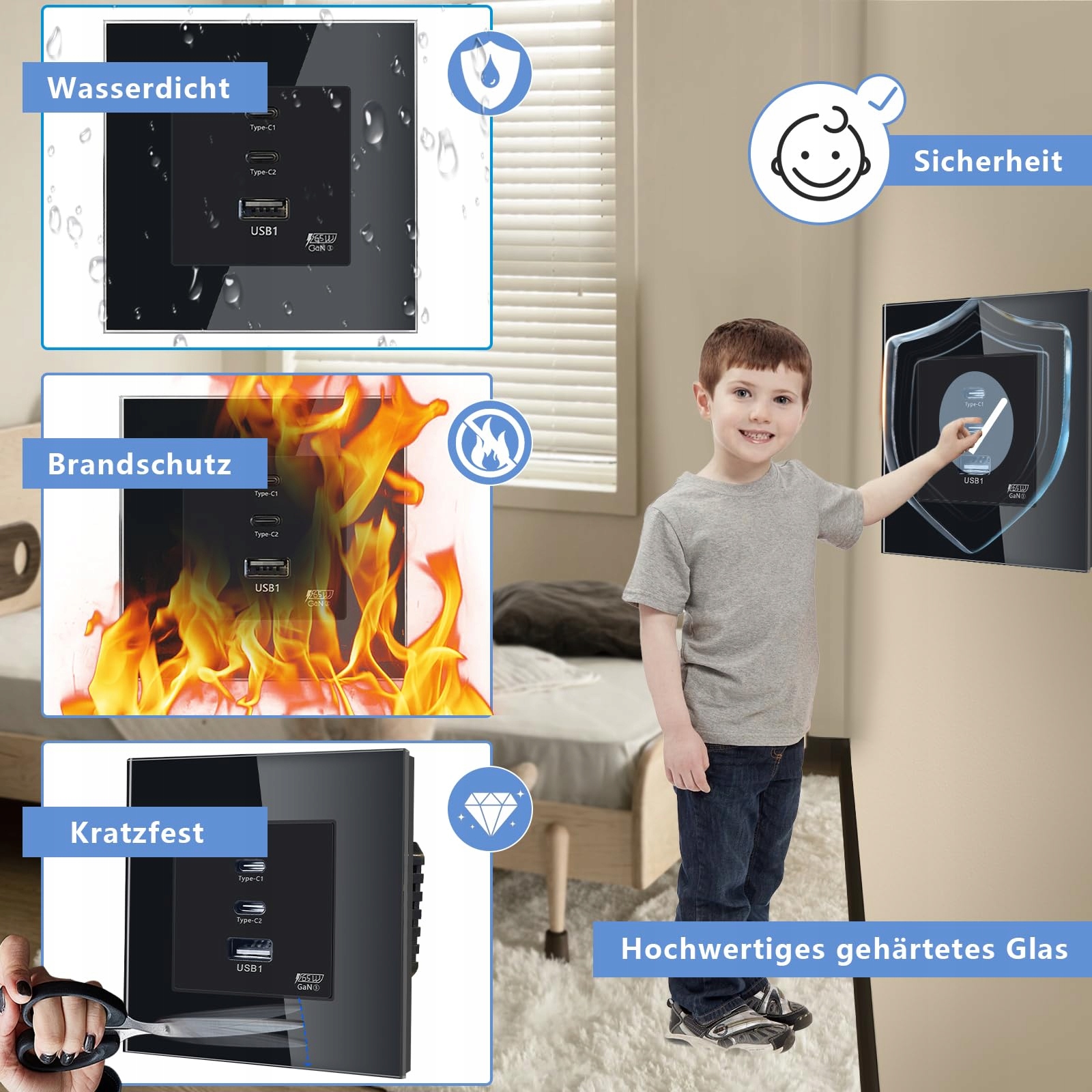 TAWOIA Gniazdko Schuko 65W USB C Szybkie Ładowanie Czarny Szklany Panel — miniatura 7