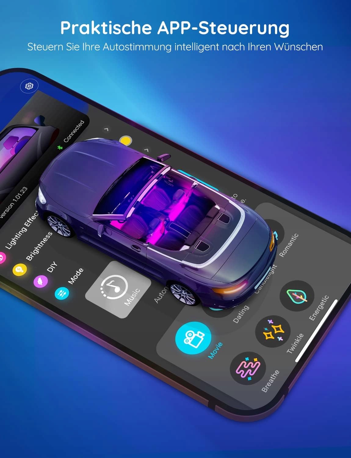 OŚWIETLENIE WEWNĘTRZNE DO SAMOCHODU LED WIELOKOLOROWE STEROWANIE APLIKACJĄ Numer katalogowy producenta WIELOKOLOROWE  Z APLIKACJĄ