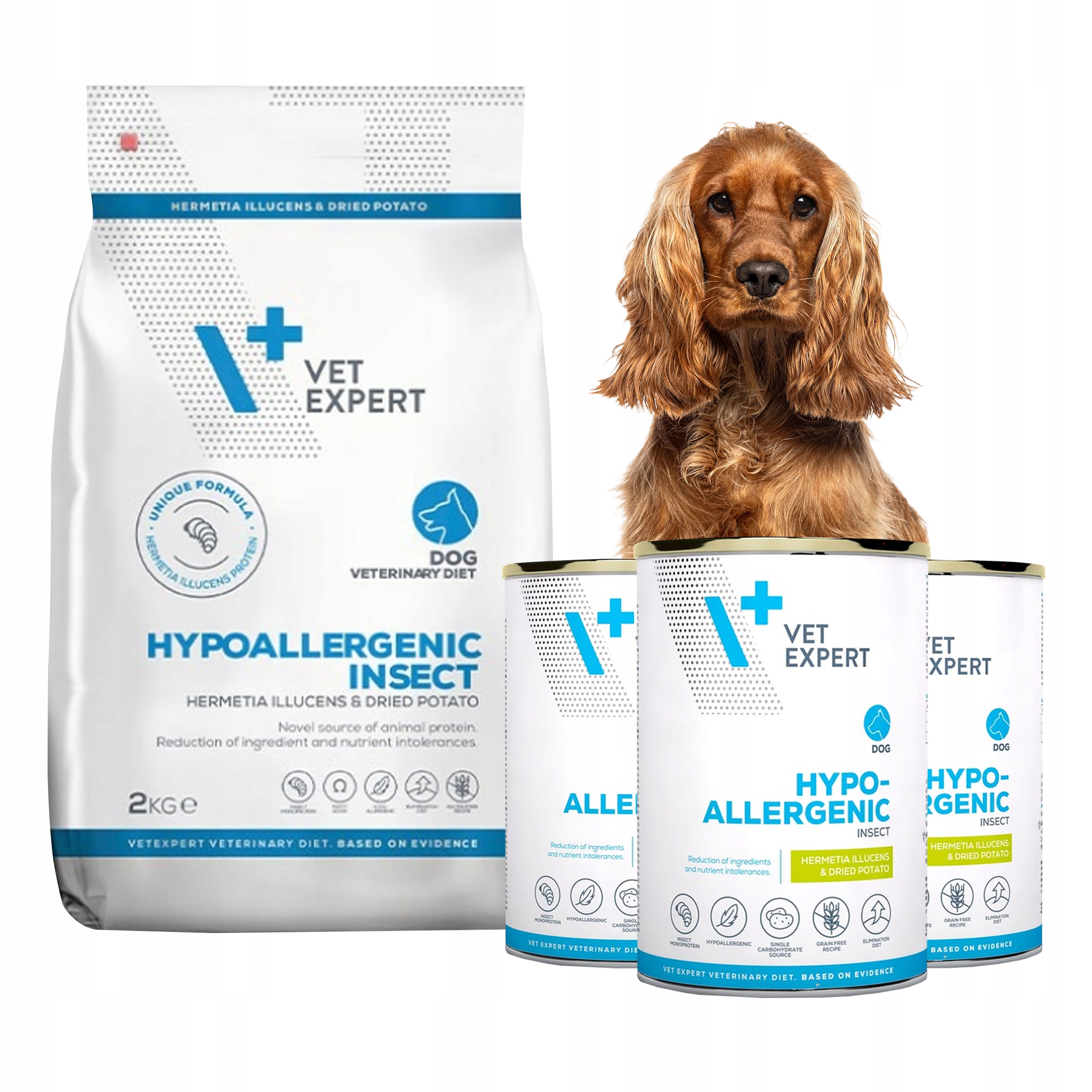 Karma dla psa Vet Expert Hypoallergenic Insect Zestaw Sucha 2kg Mokra 3x375