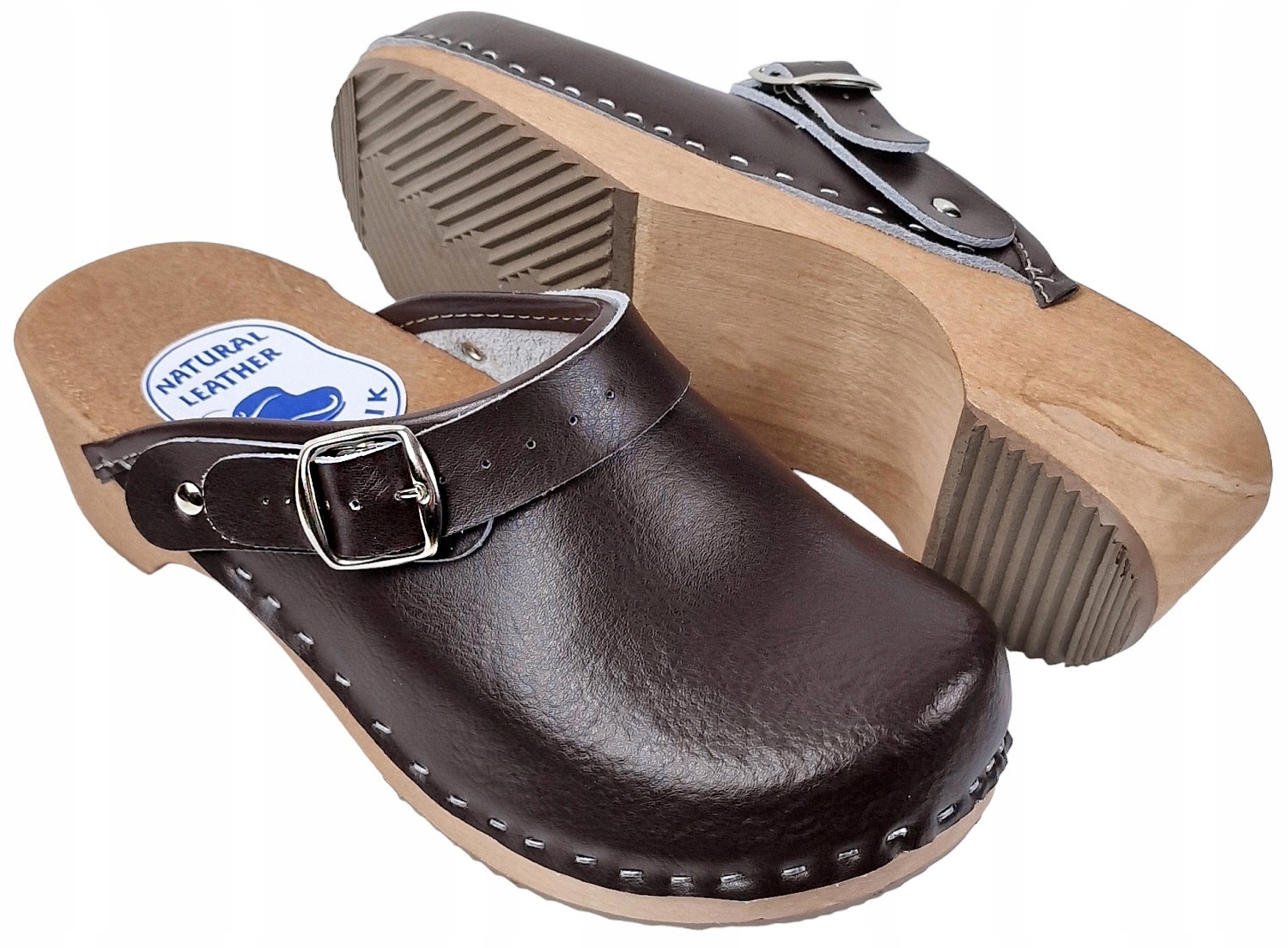 Klasyczne Pełne Chodaki Damskie Medyczne Skórzane Drewniaki BRĄZOWE *39* Długość wkładki 25 cm