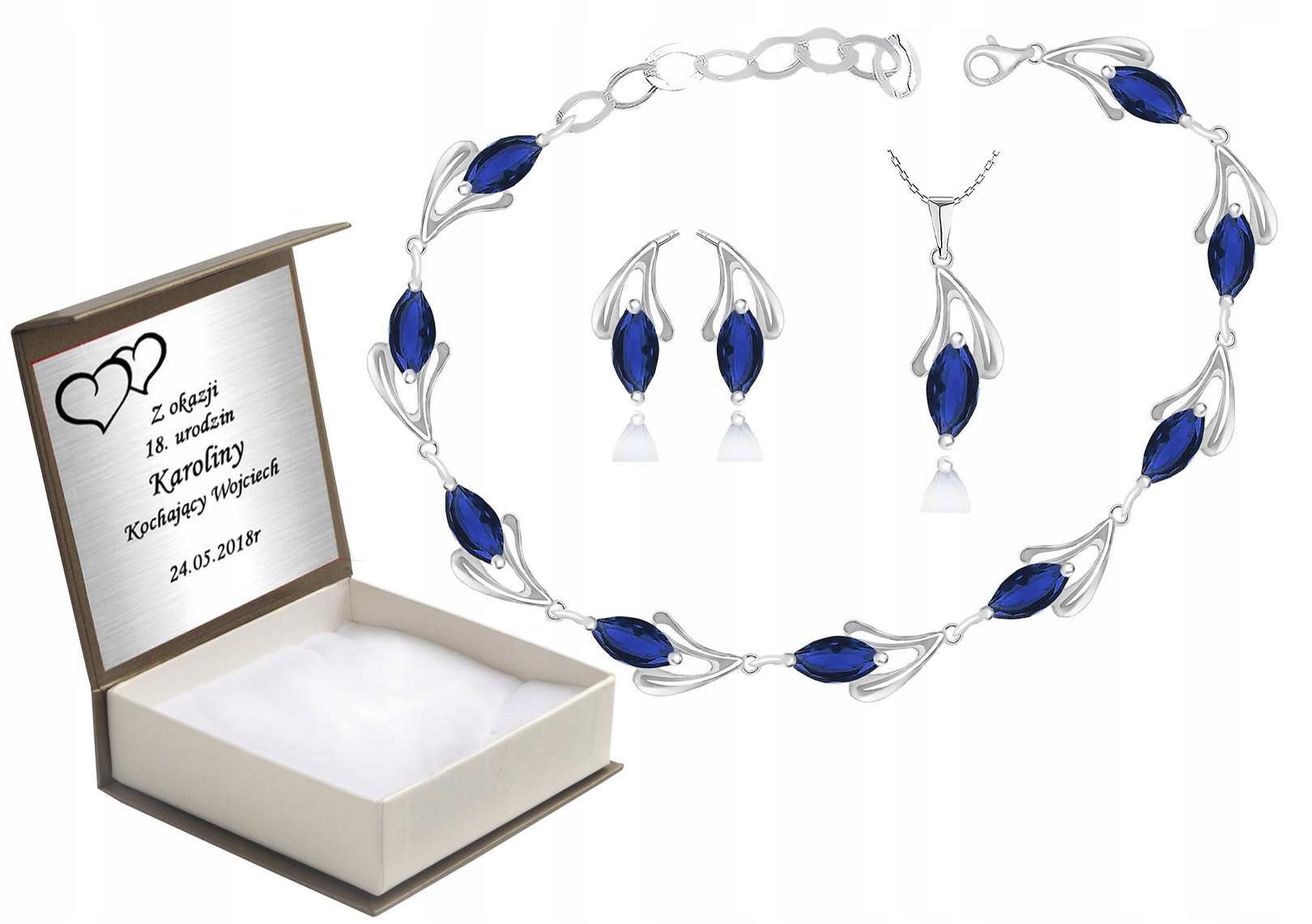 

Komplet Biżuterii Z Niebieskimi Cyrkoniami+grawer