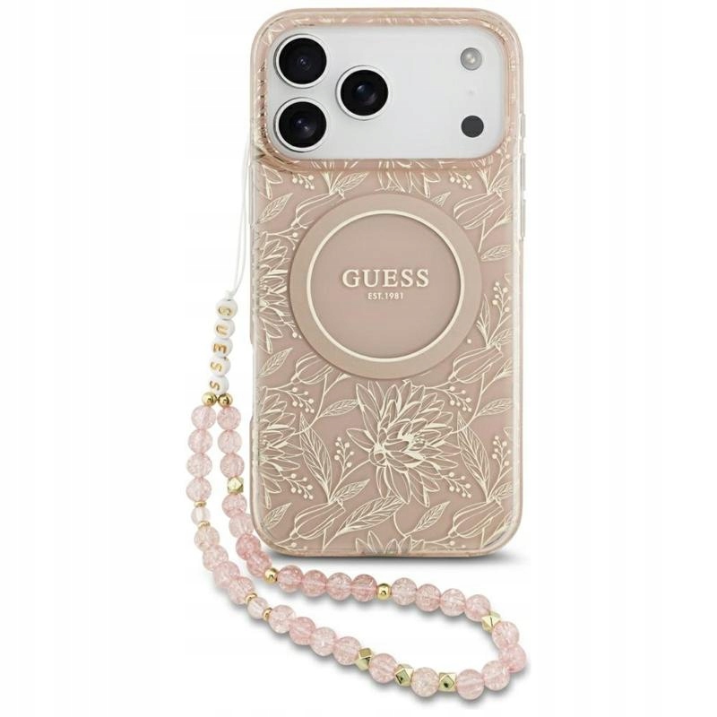 Pouzdro Guess pro iPhone 17 Pro Max Magsafe Originální Květiny Růžový Přívěsek