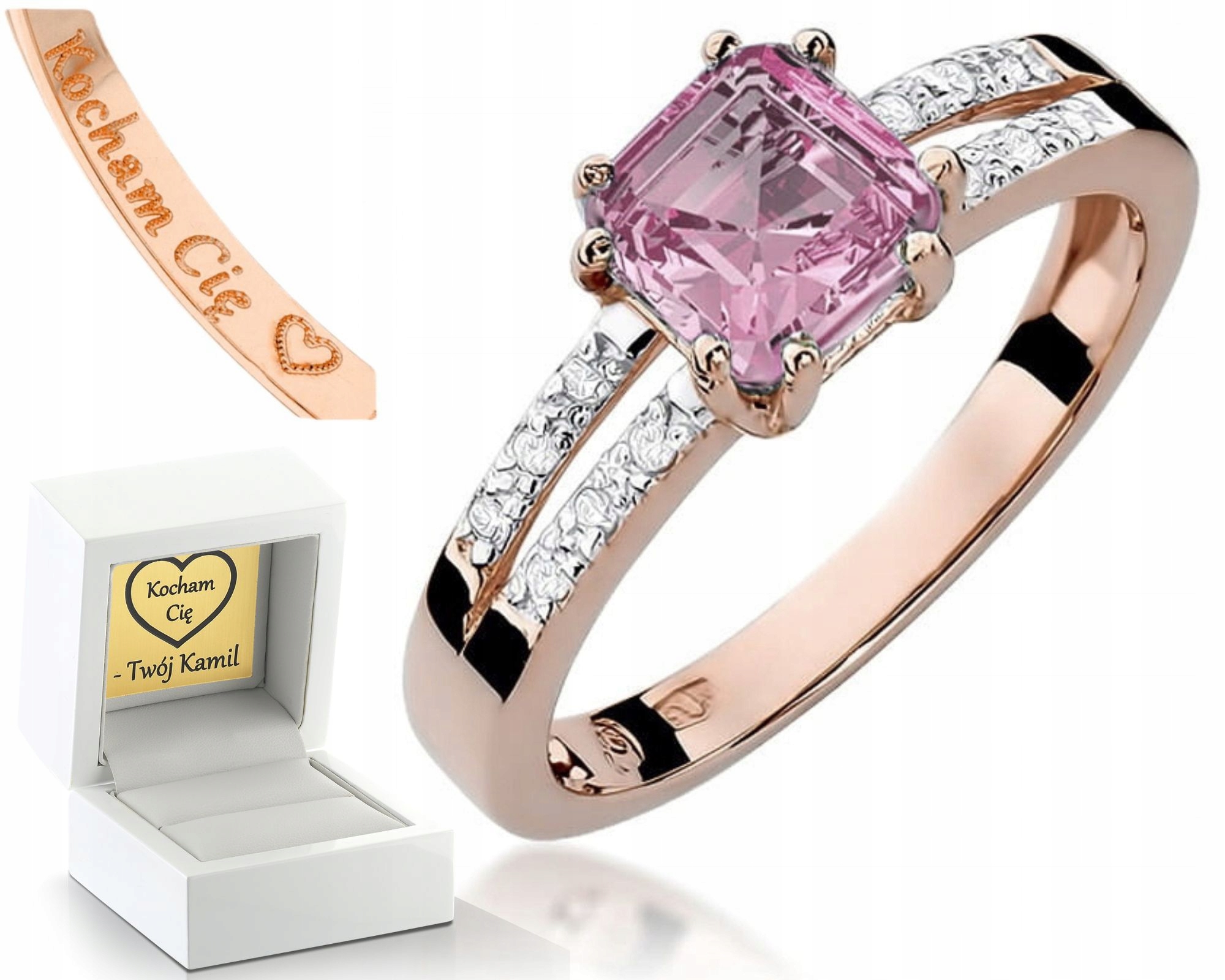 Růžový Zlatý Prstýnek S Růžovým Topazem, Diamanty Gravírování 585, Dárek