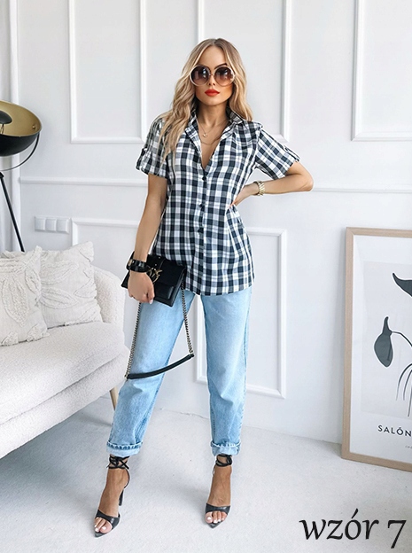 Stylowa KOSZULA DAMSKA w kratę krótki rękaw na lato Rozmiar uniwersalny
