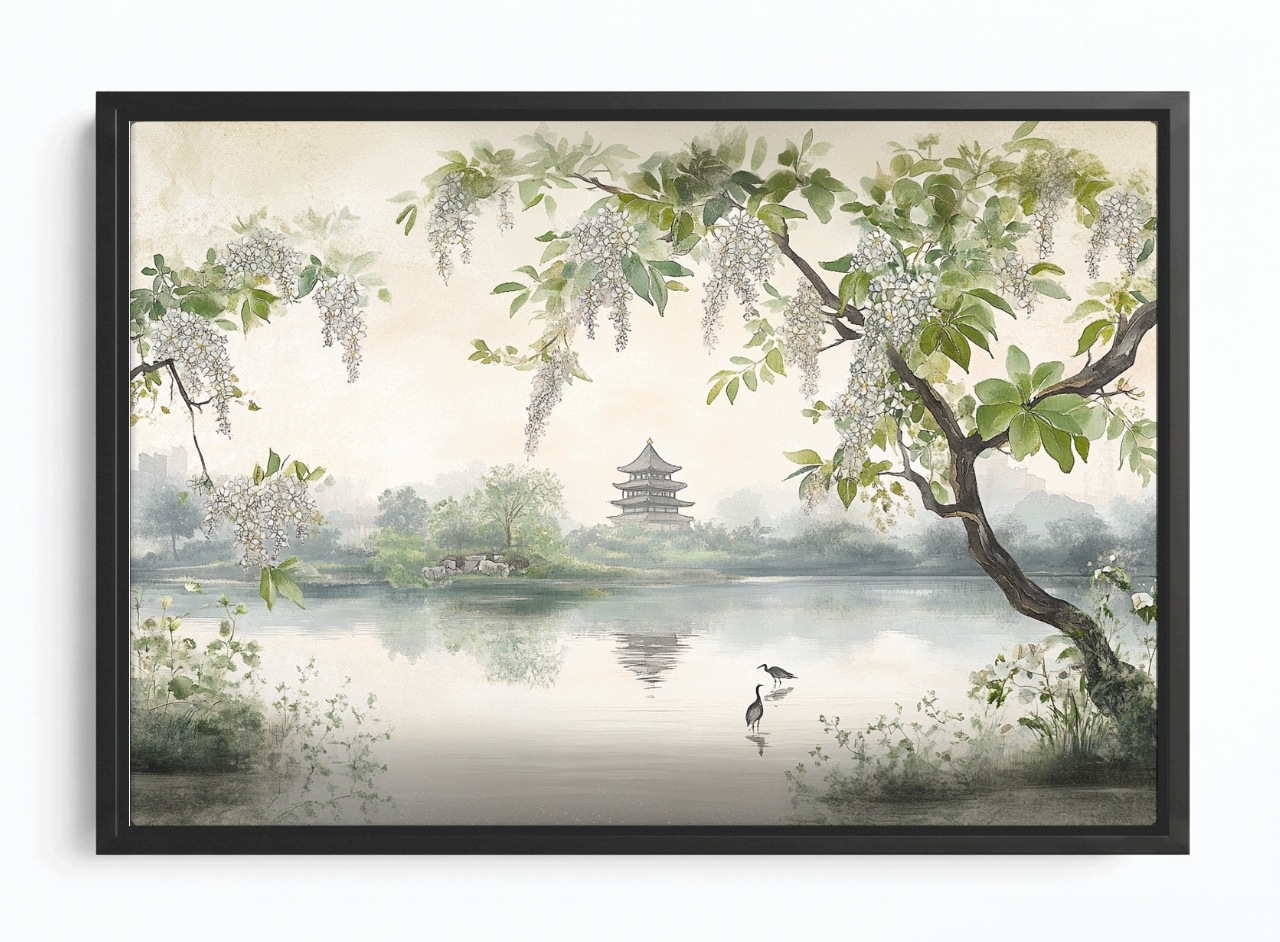 Obraz Rám Americký Box Zahrada Park Asie Japonsko Pagoda Jezero Ptáci 60x40