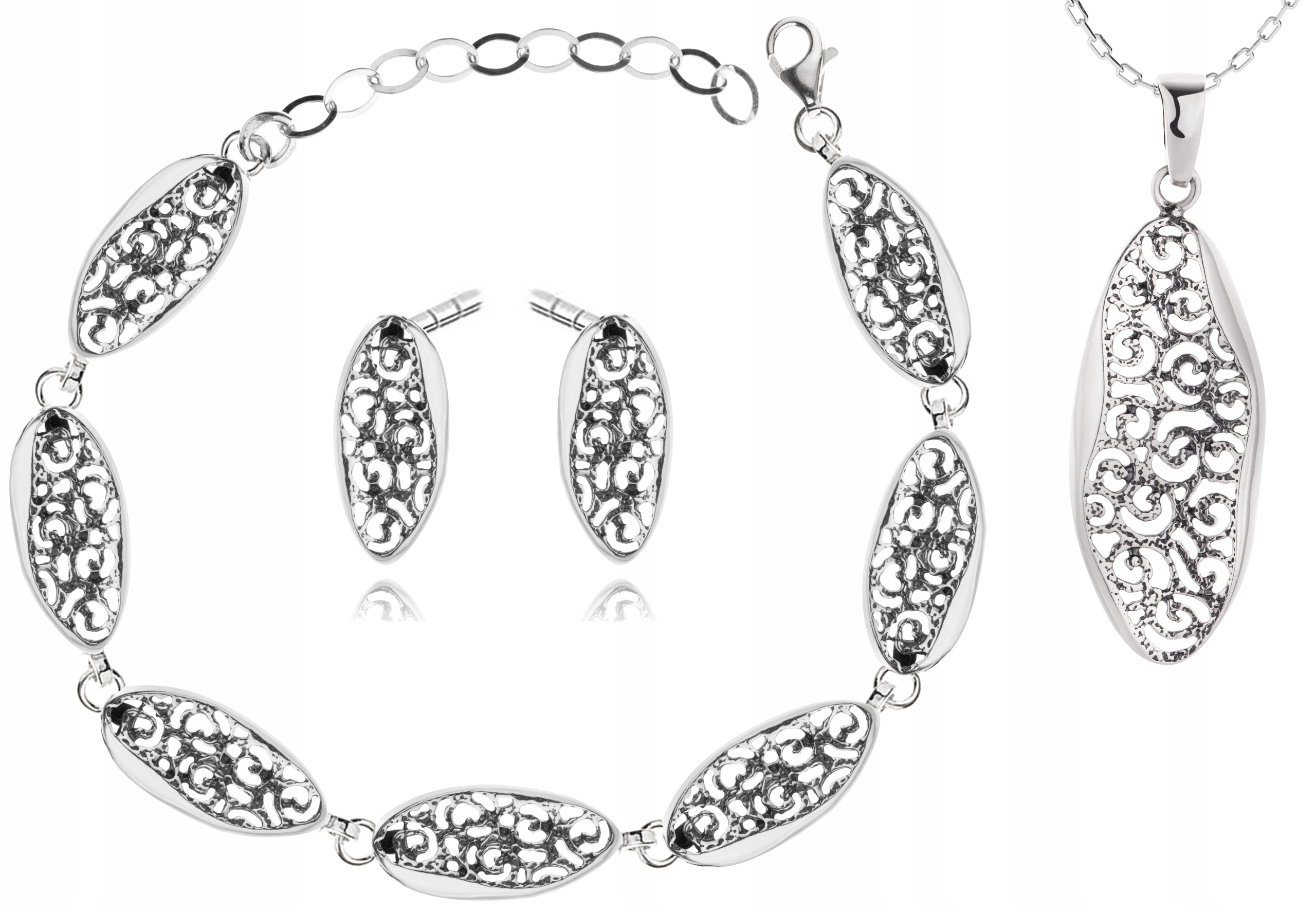 

Komplet Biżuterii Ażurowe Kolczyki Wisiorek Łańcus