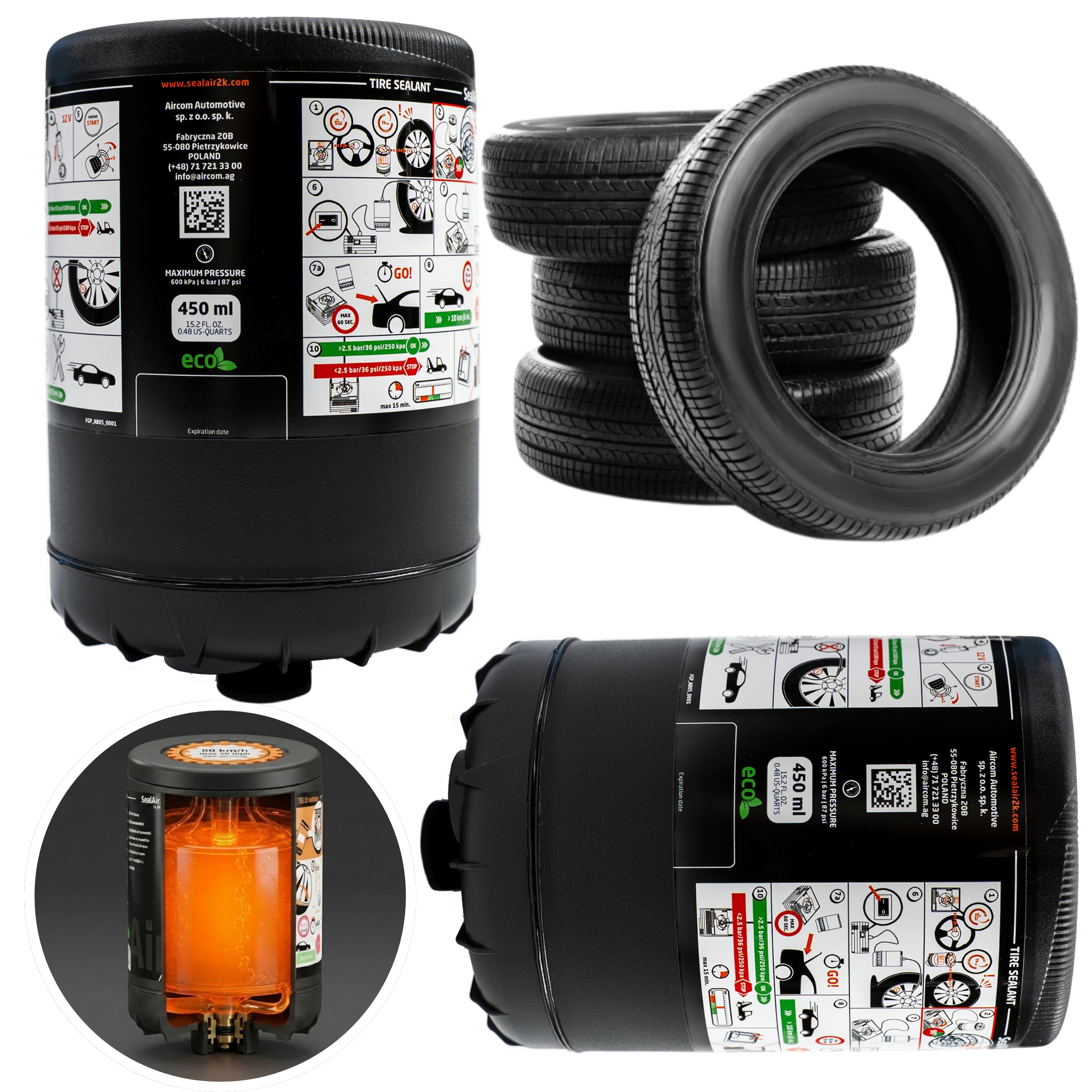 Uszczelniacz Mleczko Opon Samochodowych do Kompresora 450ml +adapter