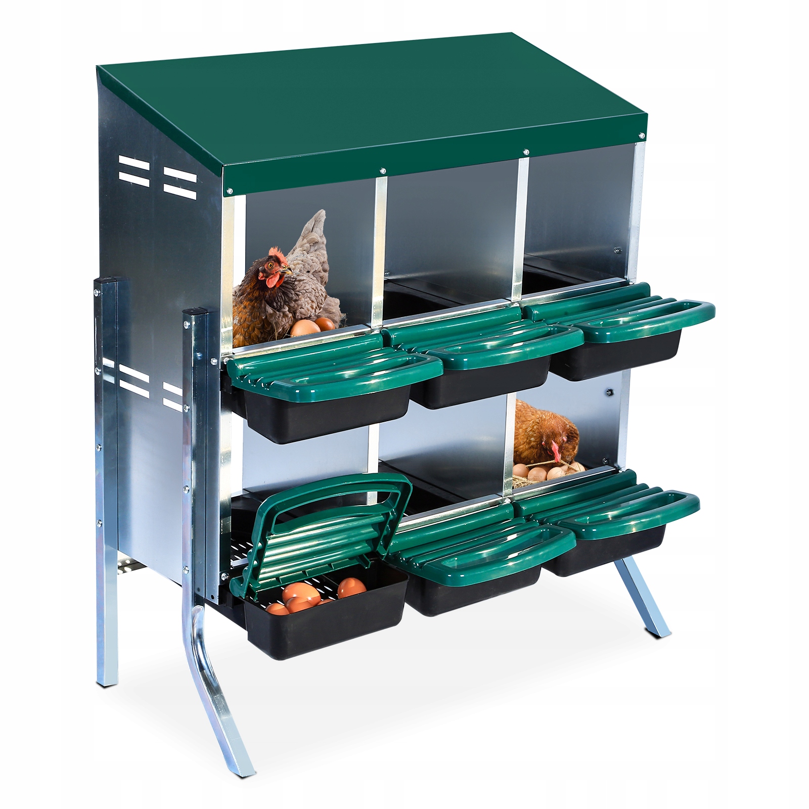 Levně Šestikomorová hnízdní budka pro slepice, dvoupatrová, s kovovými nožičkami, zelená