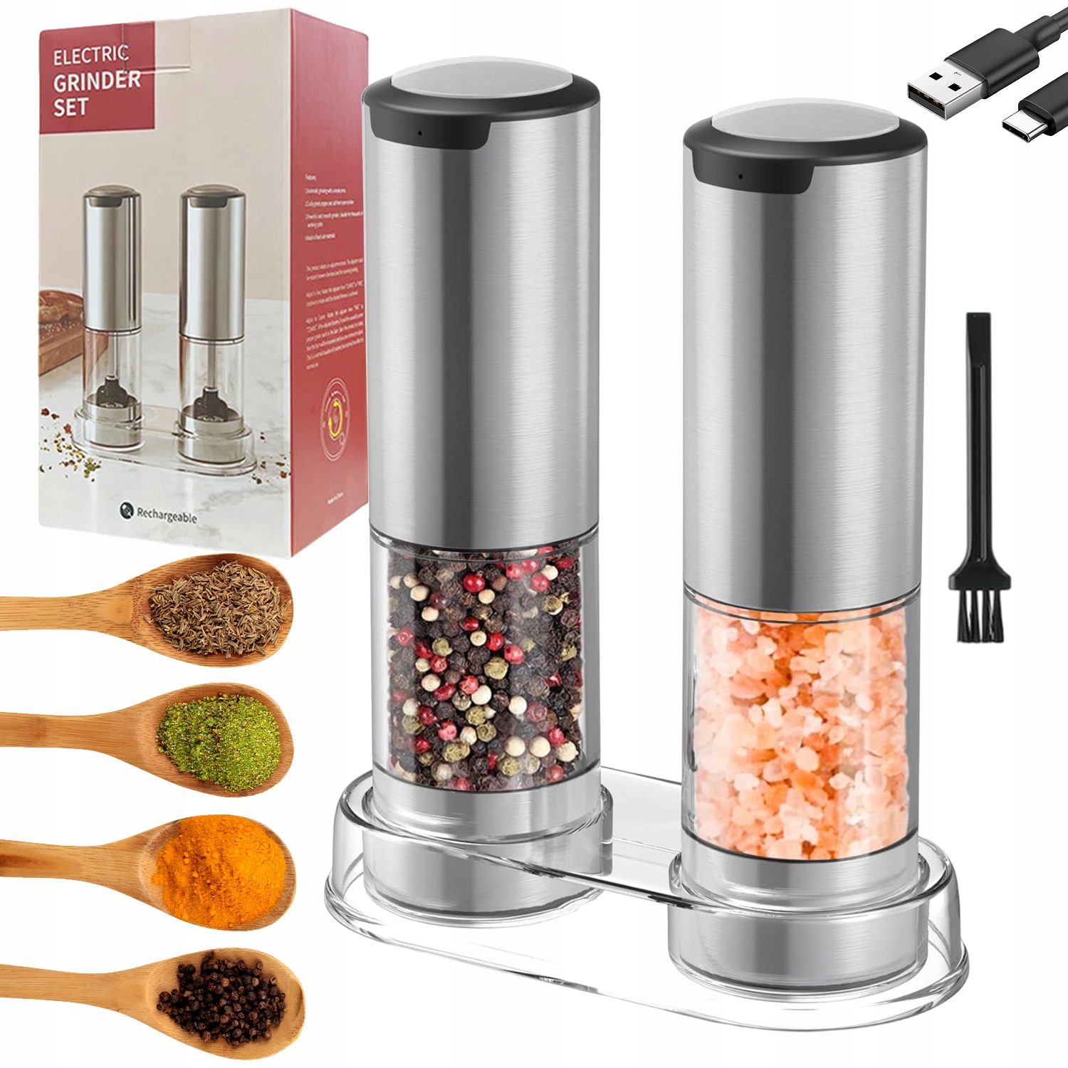 2 X Usb Elektrické Nabíjení Mlýnků Na Sůl A Pepř S Nastavitelnou Tloušťkou