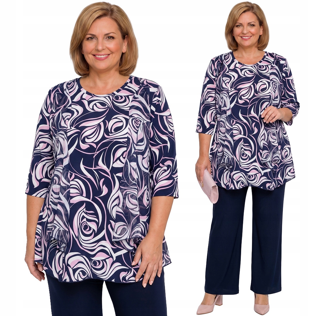Tmavě modrá tunika s bílo-růžovými vzory plus size velikost 56/58