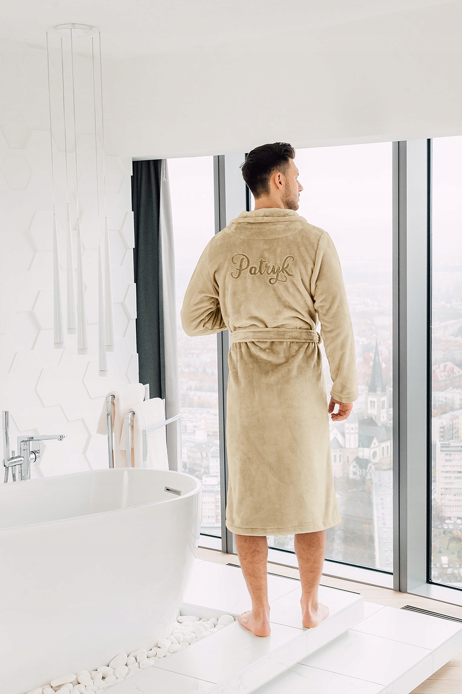 Pánský vyšívaný béžový teplý, tlustý župan k Vánocům, dárek pro něj