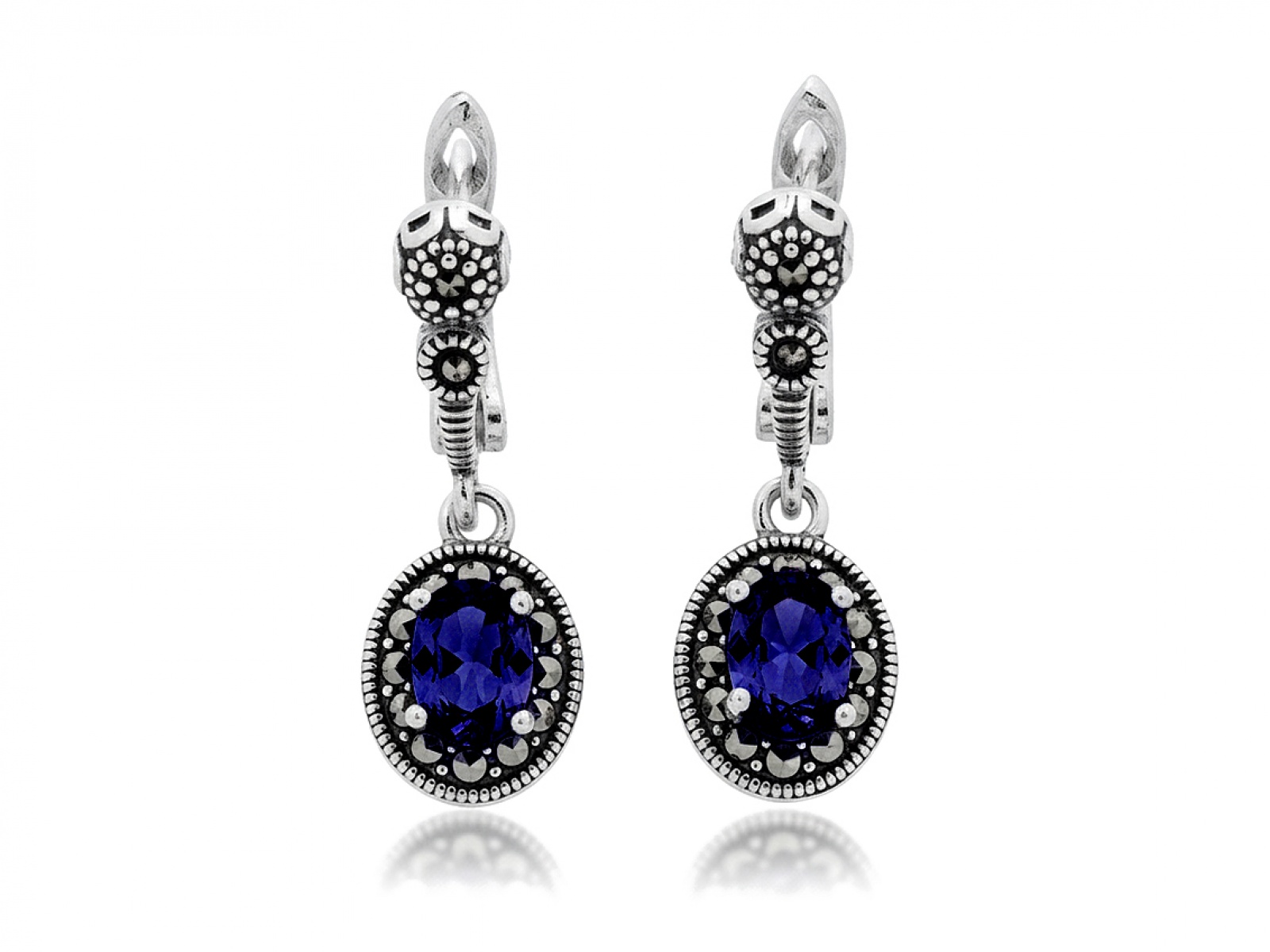 Dámské náušnice ze stříbra 925 Oválné závěsné safírové zirkon markýzy