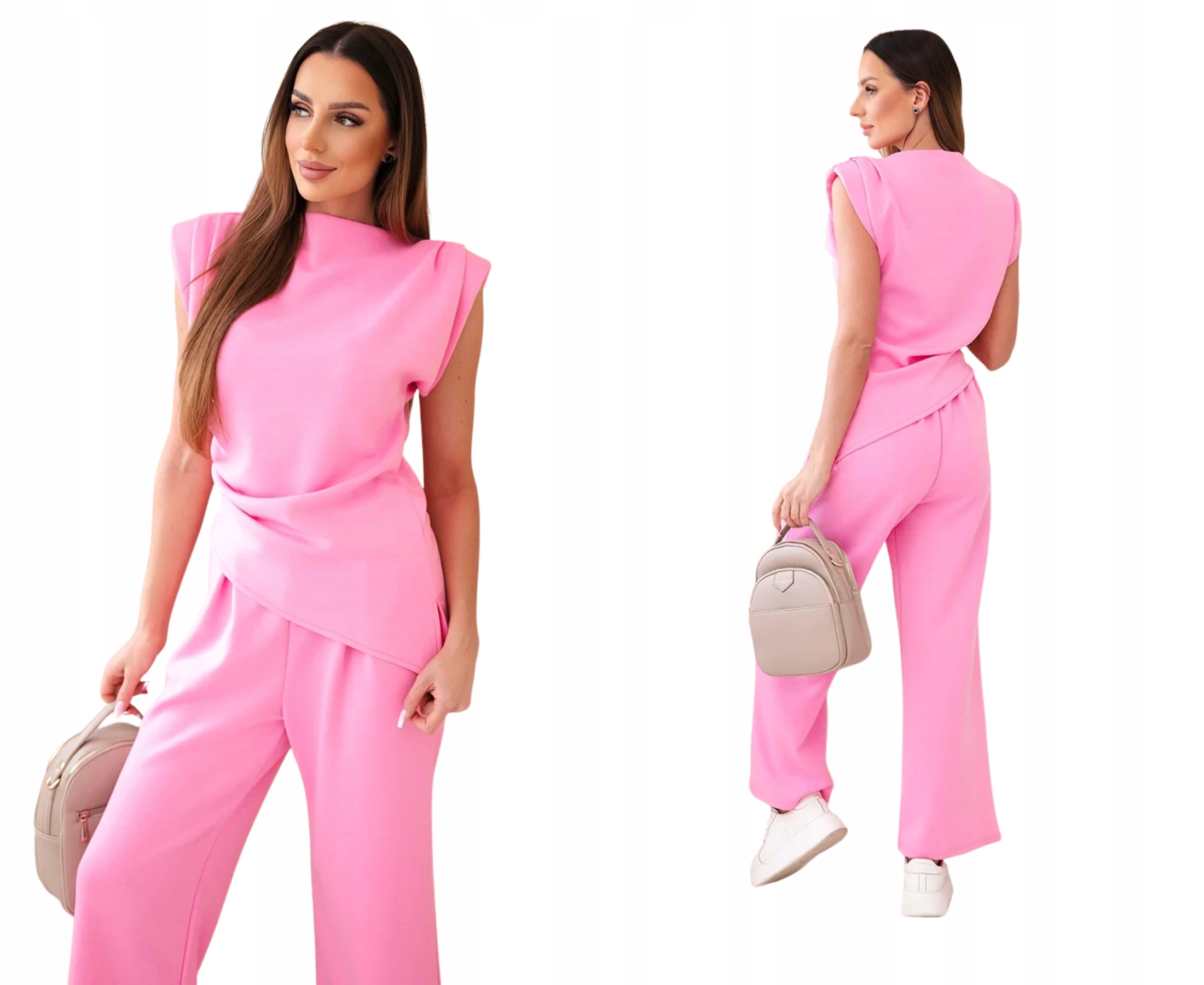 Jasně růžový, elegantní dámský komplet: asymetrická halenka kalhoty