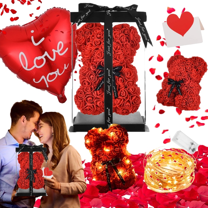 MIŚ Z RÓŻ ZESTAW LED WALENTYNKI PREZENT DZIEŃ MAMY ŚWIĘTA MIKOŁAJKI ROSE XL
