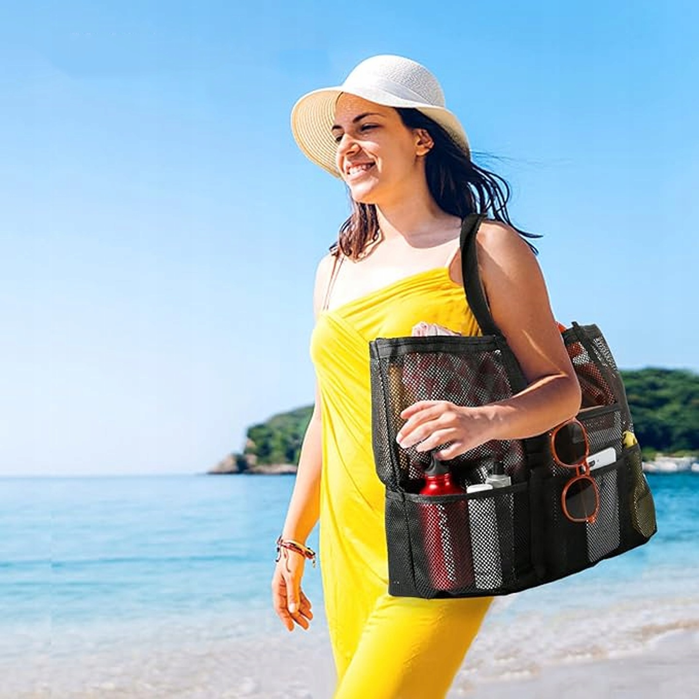 DUŻA TORBA PLAŻOWA NA PLAŻĘ BASEN RAMIĘ PRZEWIEWNA SKŁADANA SIATKA PIASEK Szerokość produktu 46 cm