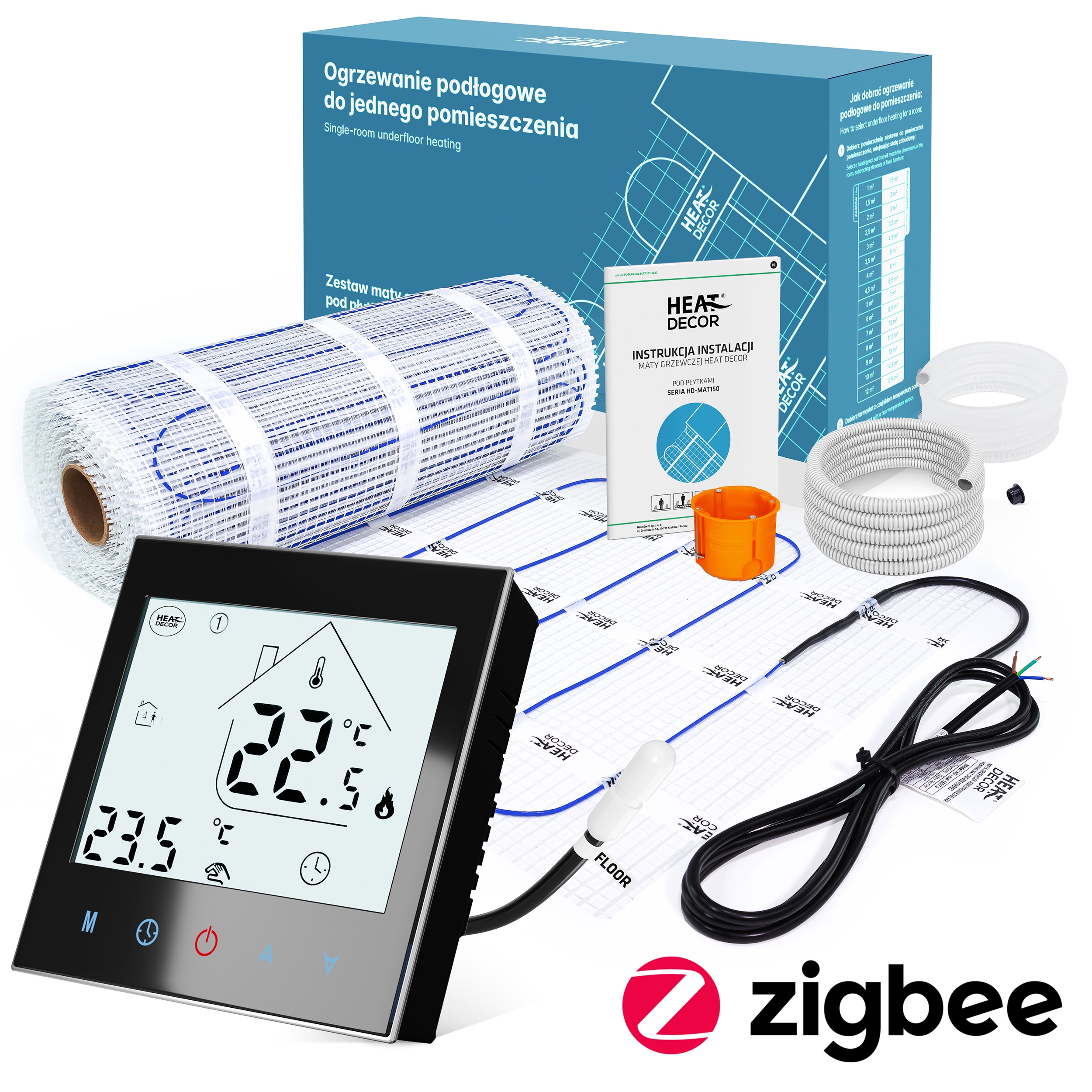Mata grzewcza pod płytki HD-MAT150 z termostatem T1000 ZigBee Zestaw 9 m²
