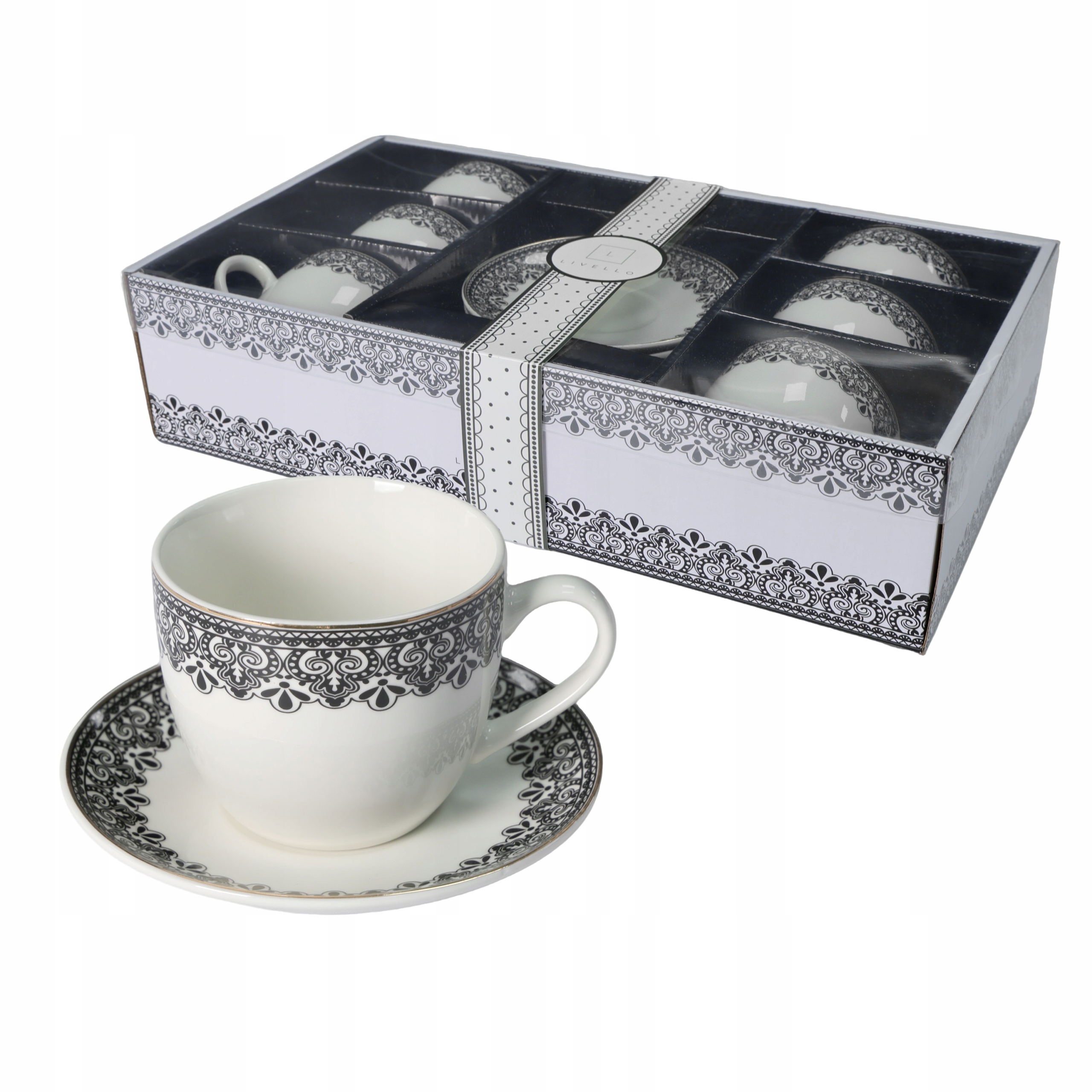 Livello Kávový servis 6 x šálek 250 ml s podšálkem 14 cm, zlatý proužek